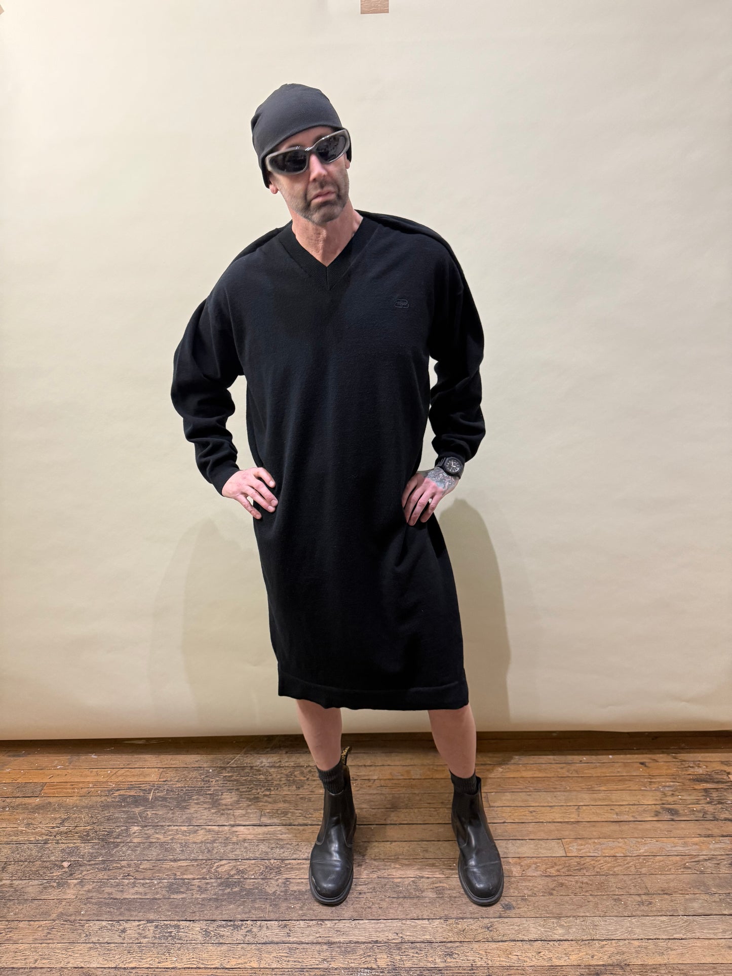 Balenciaga Black Wool Knit V-Neck LS Sweater Dress Extra Large - XL