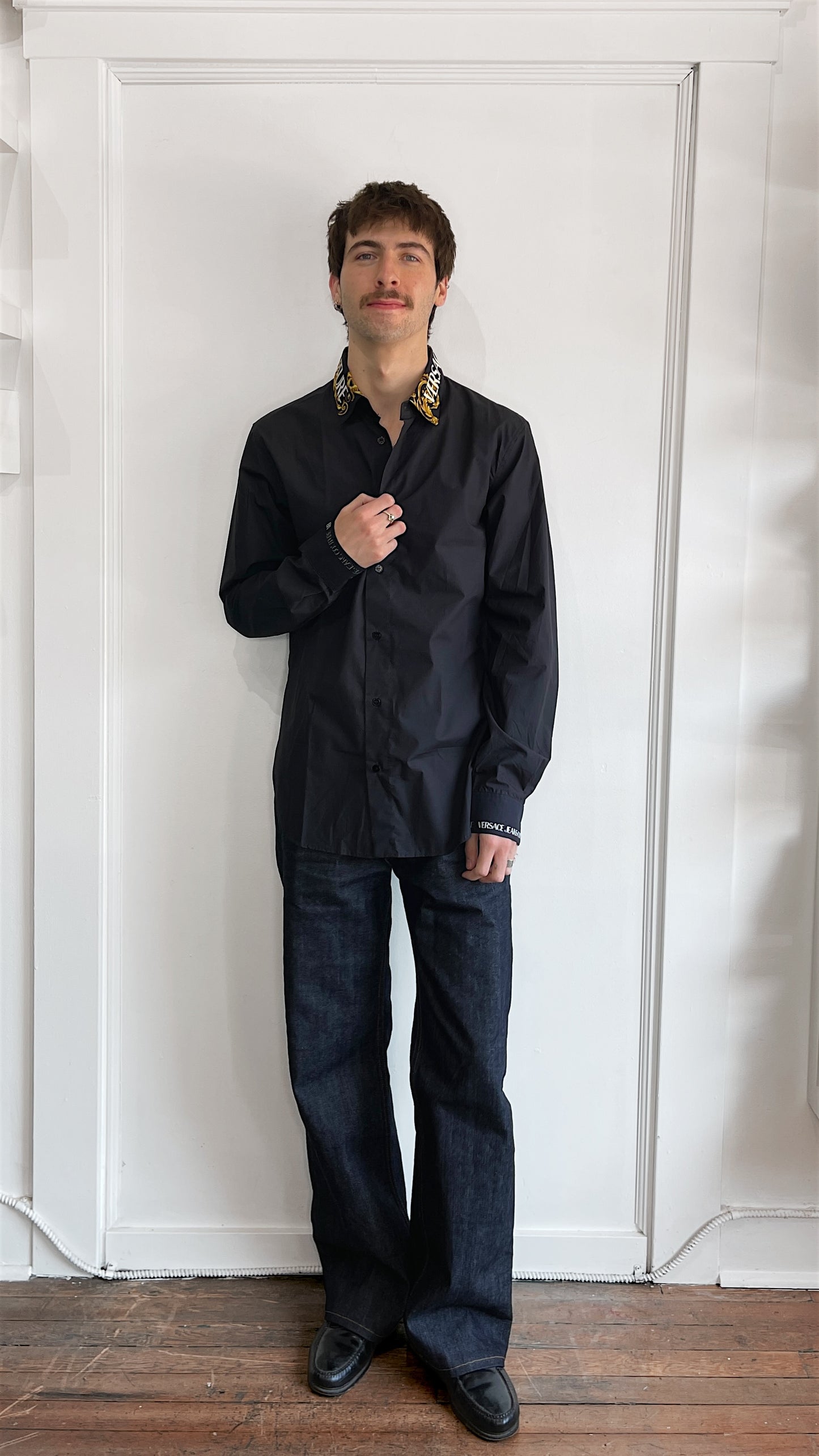 Versace Jeans Couture Black Collar Logo Button Up Shirt 38