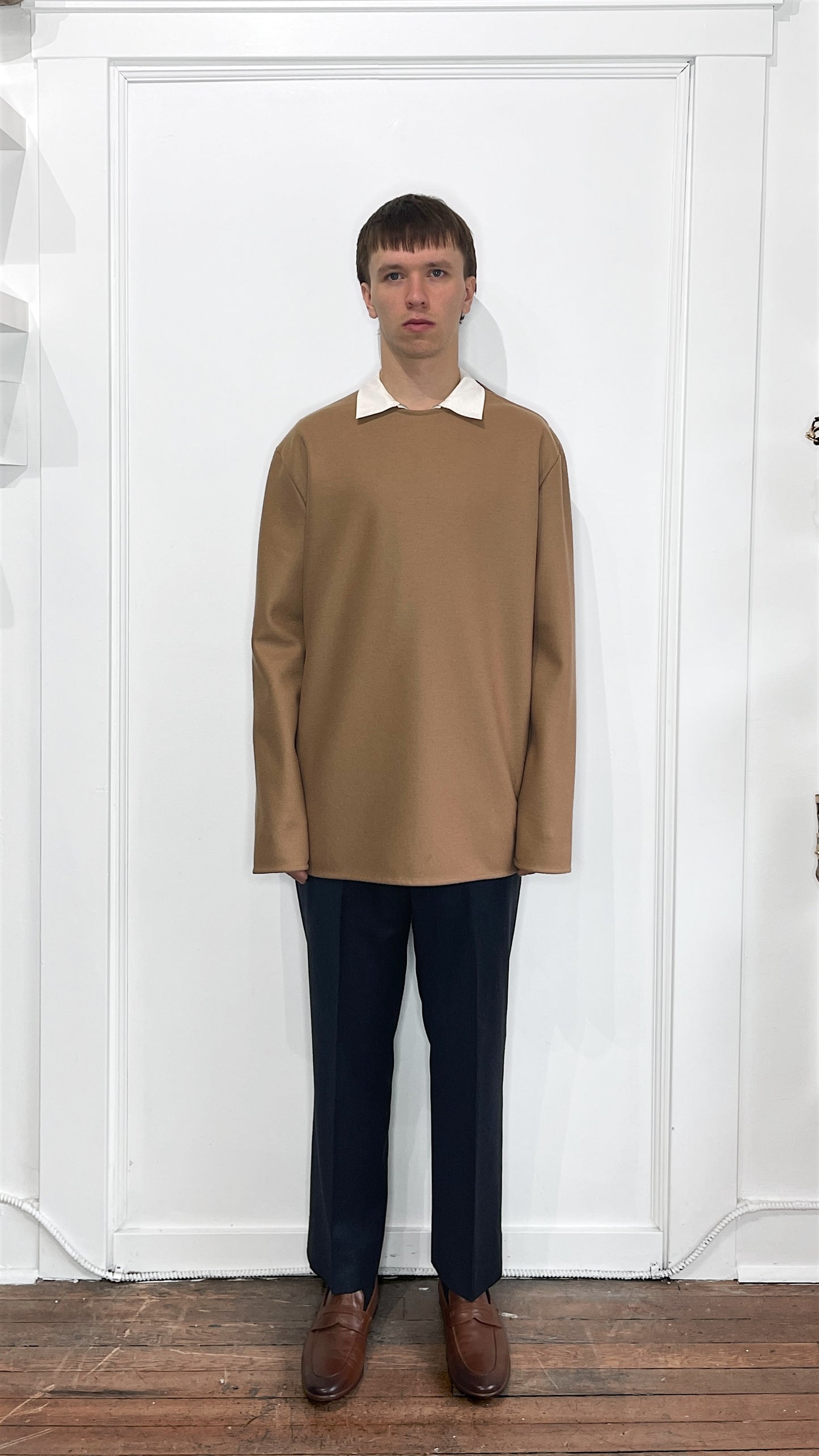 Jil Sander Camel Flannel Wool Zip Shoulder Sweater 46