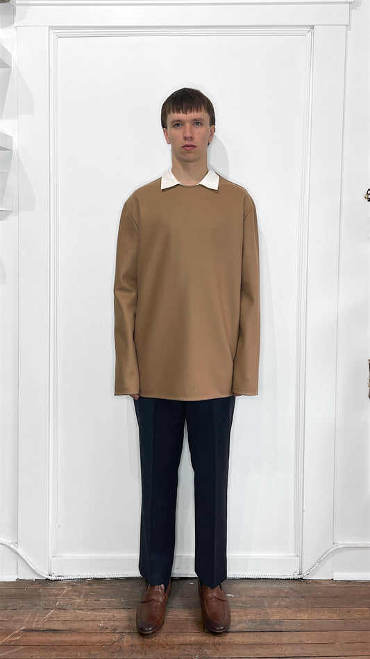 Jil Sander Camel Flannel Wool Zip Shoulder Sweater 46
