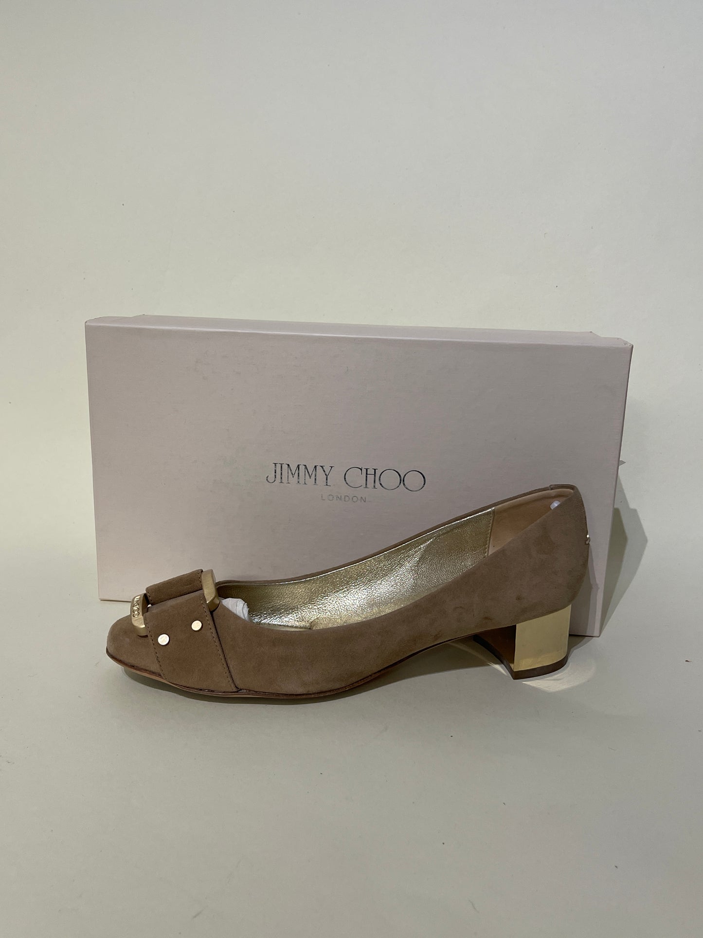 Jimmy Choo Beige Suede Buckle Front Block Heel Pumps 5 M / 6.5 W