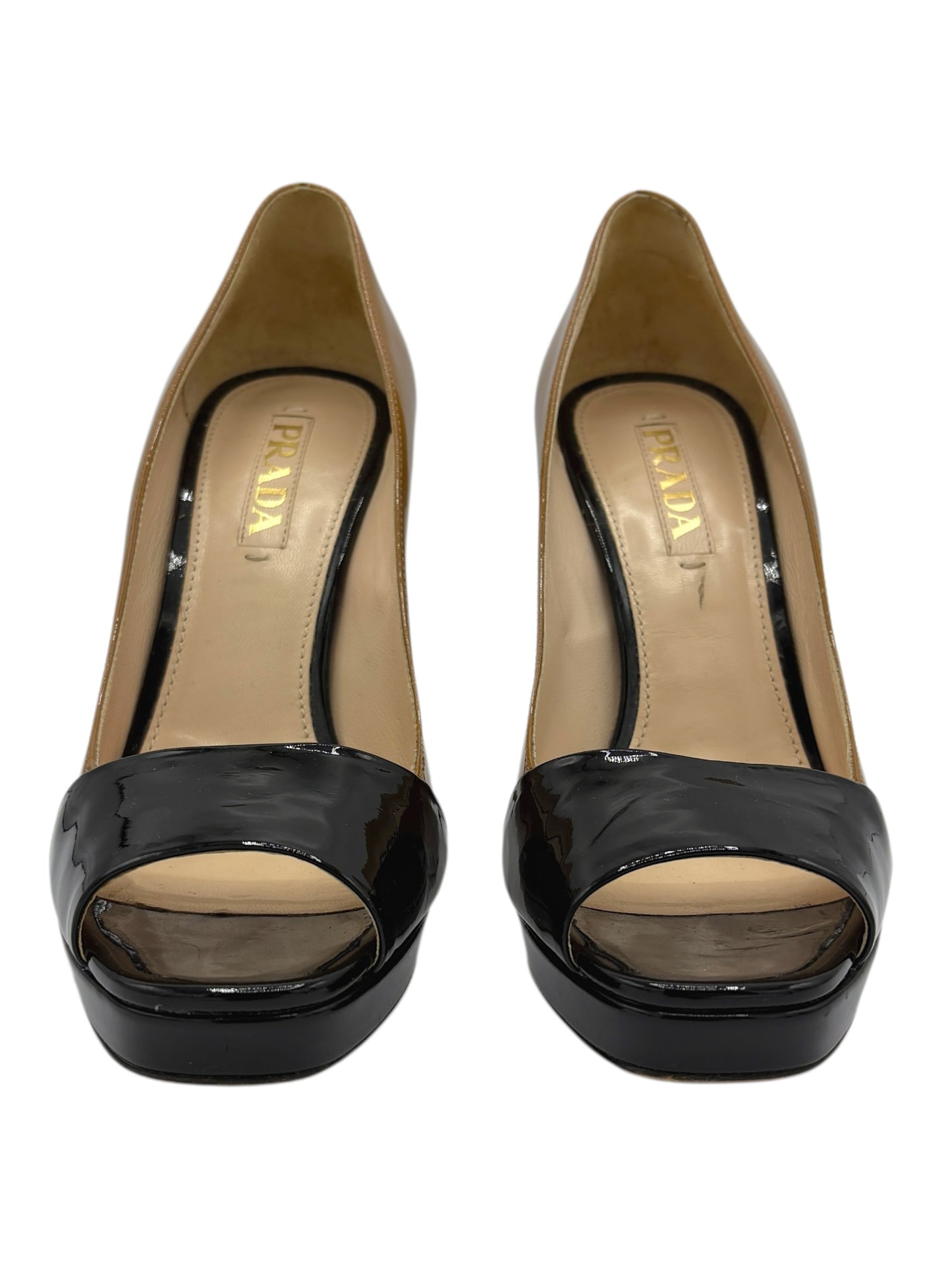 Prada Caramel & Black Patent Leather Square Toe Heels 6.5 M / 8 W