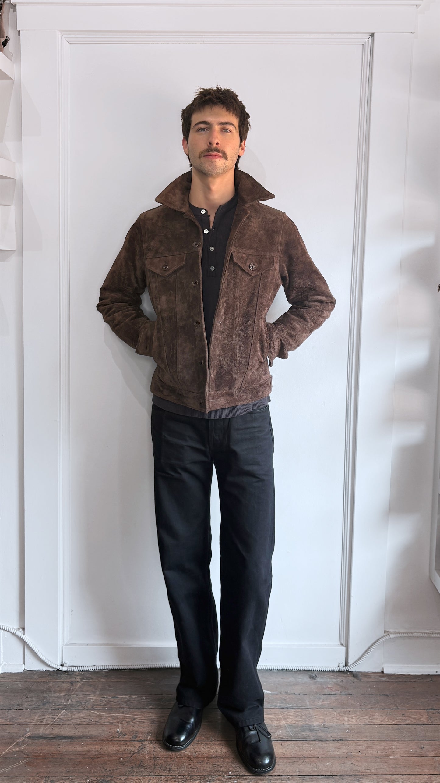 Iron Heart Dark Brown Cowhide Suede Trucker Jacket Medium