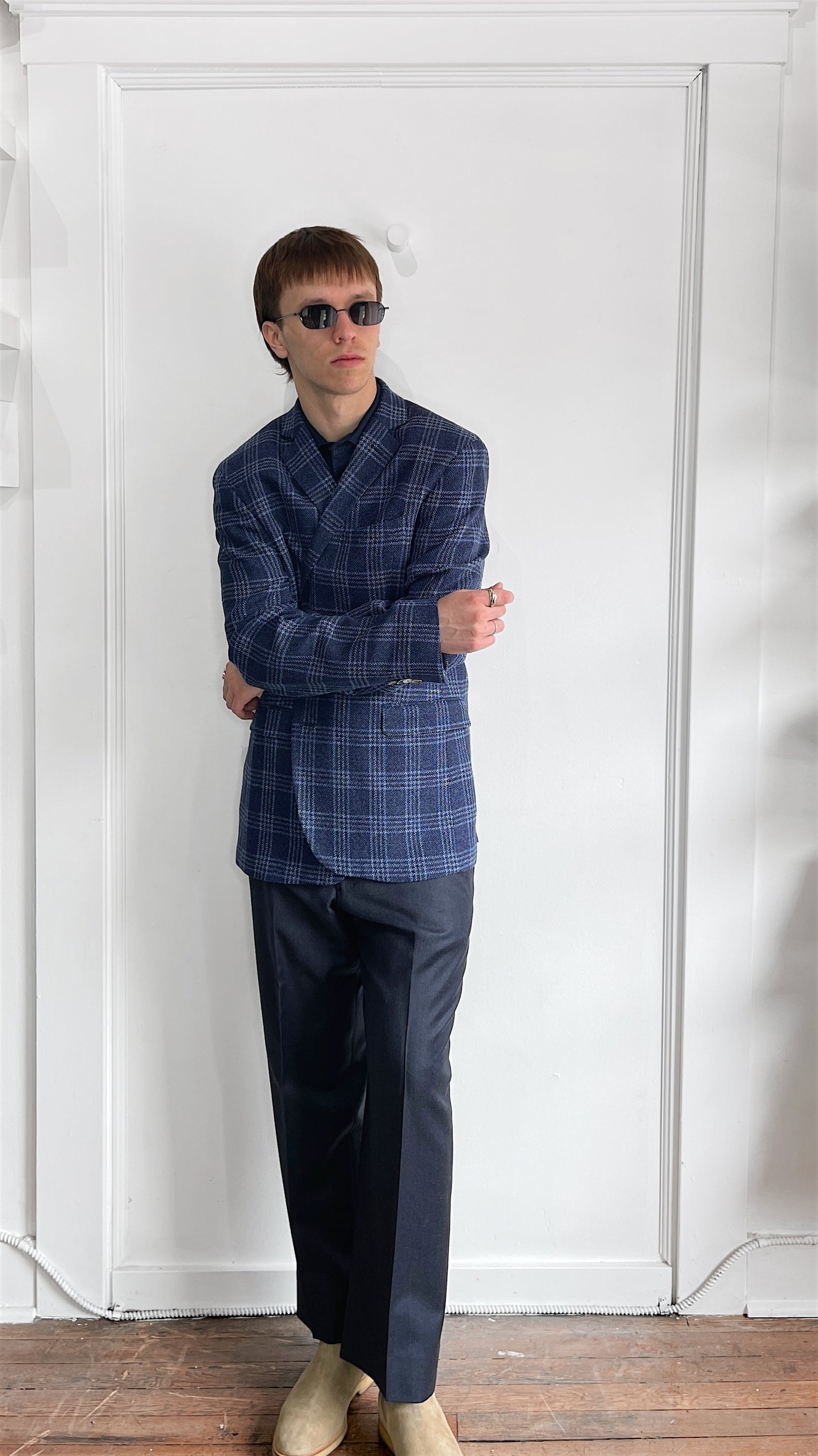 Sand Copenhagen Navy & Light Blue Glen Check Wool Linen Sport Coat 44