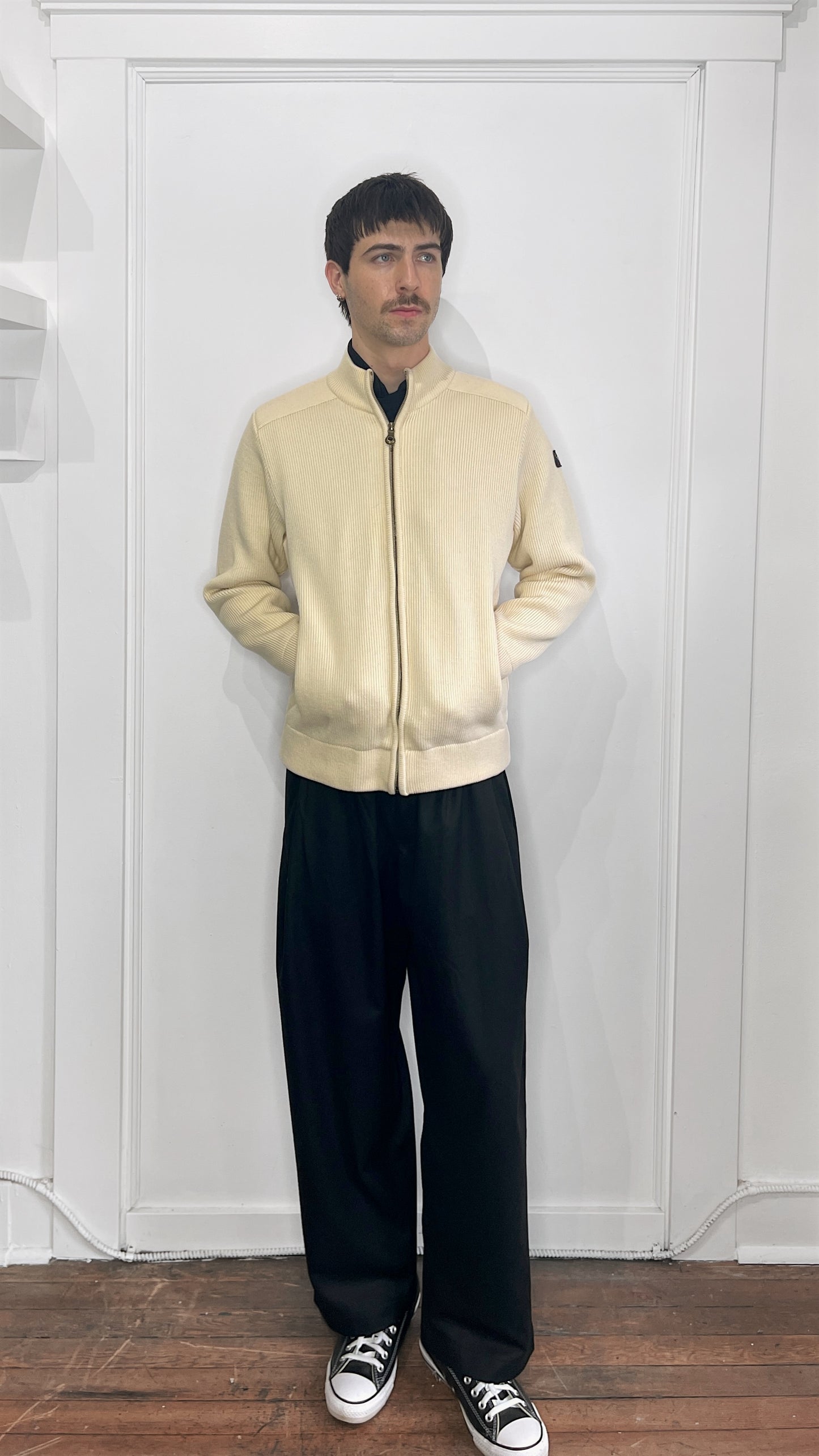 Paul & Shark Cream Ribbed Wool Knit Lined Zip Up Sweater Small