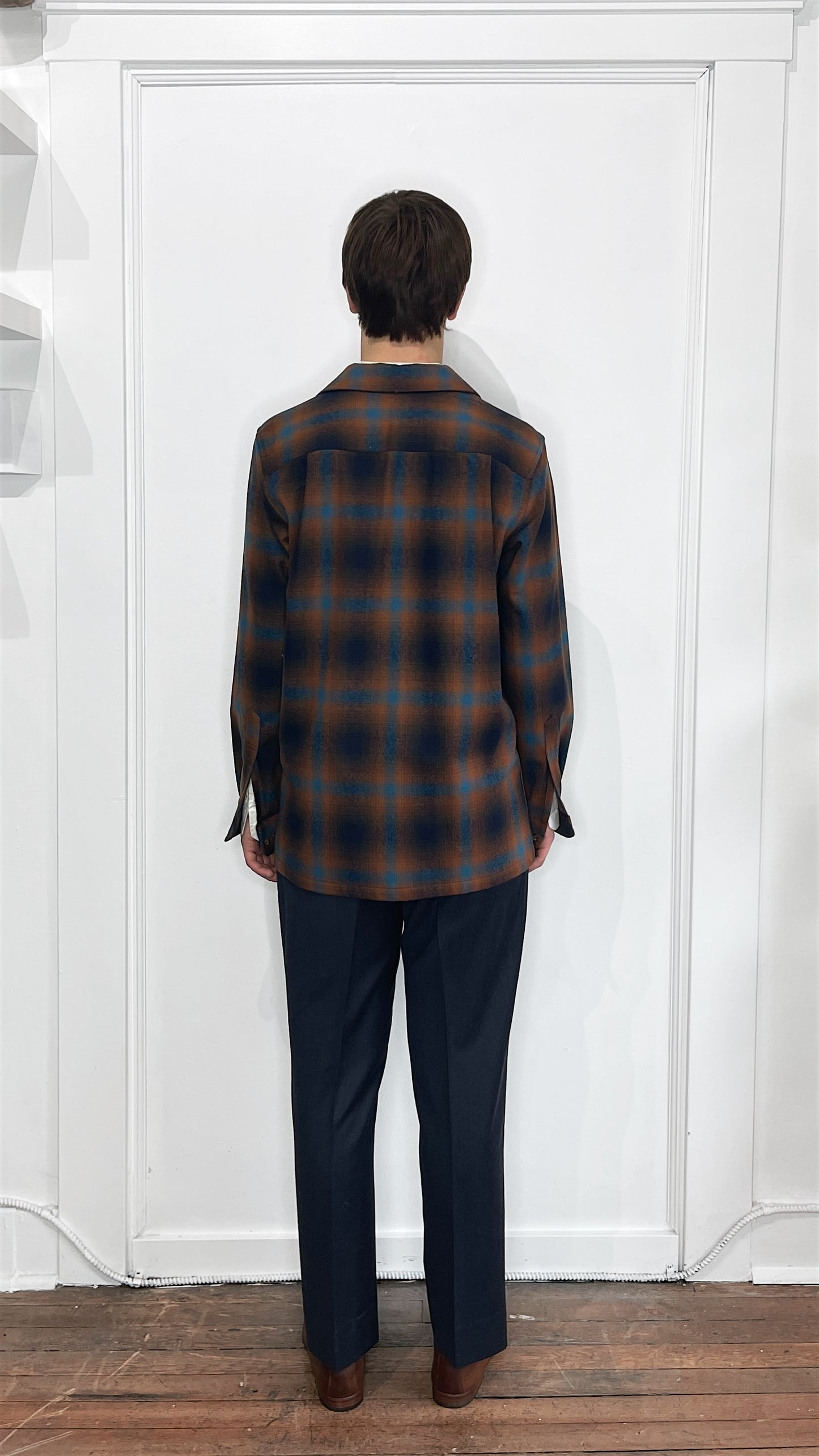 Pendleton Teal & Copper Plaid Wool LS Camp Shirt Medium