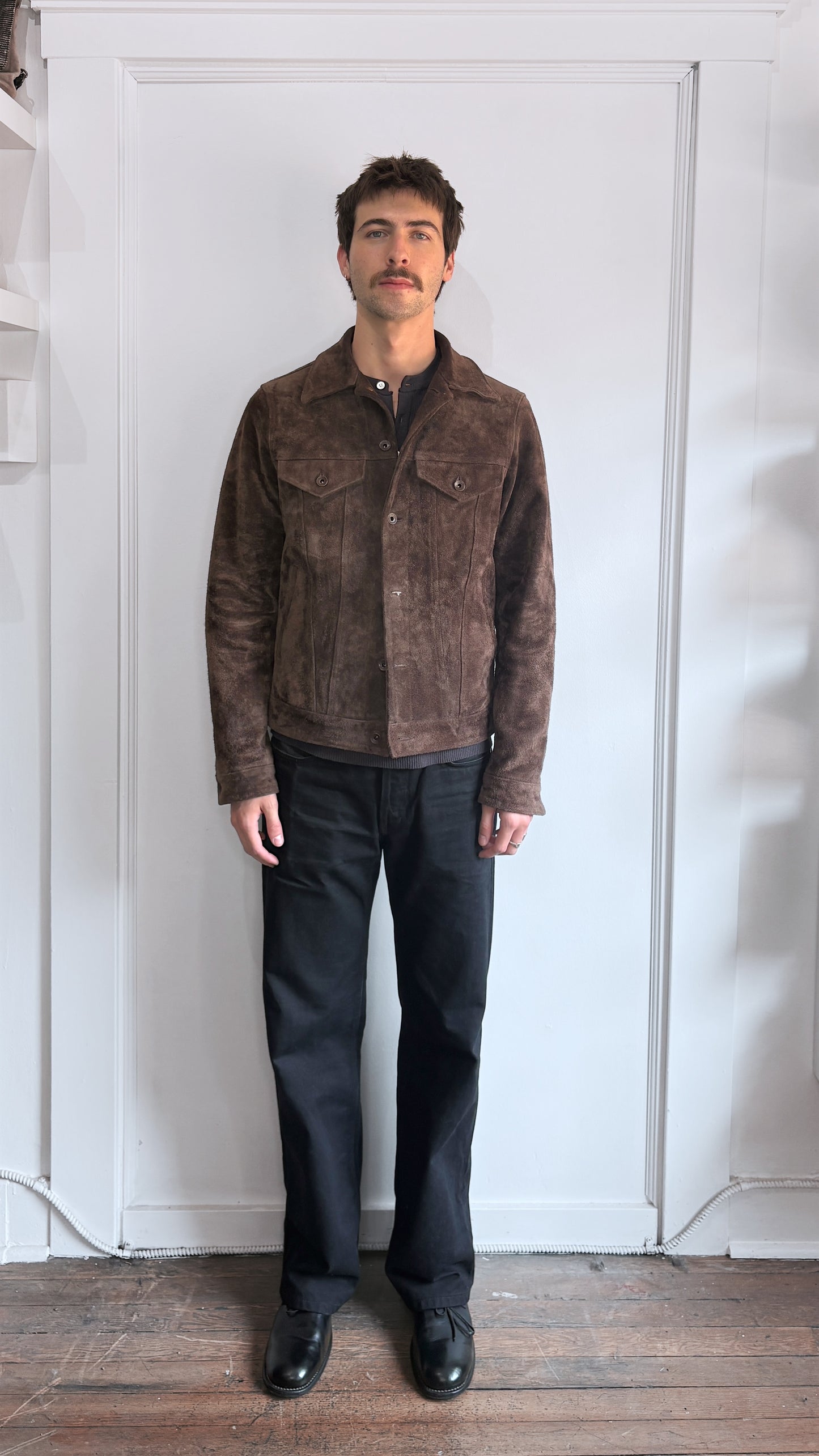 Iron Heart Dark Brown Cowhide Suede Trucker Jacket Medium