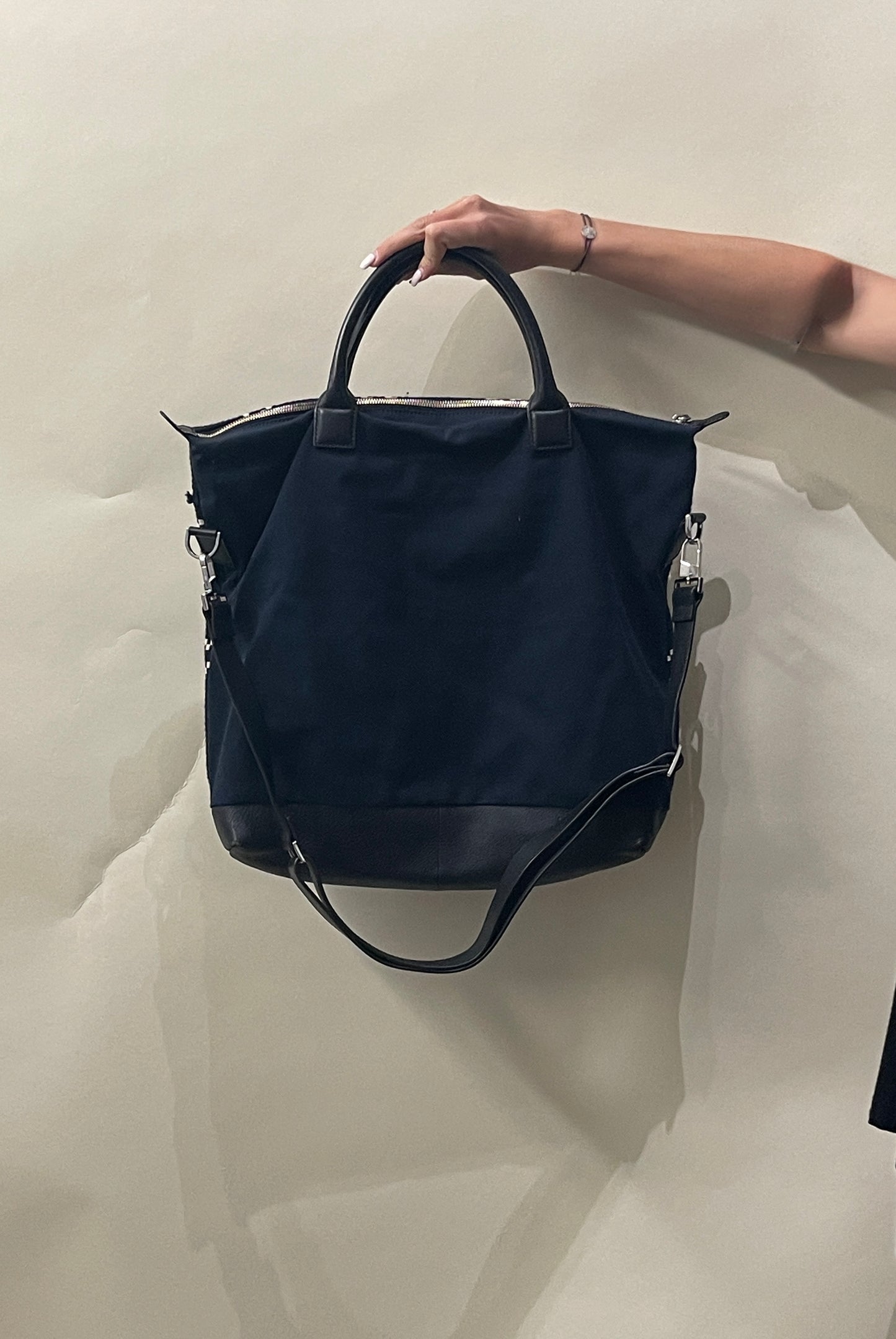 Want Les Essentiels Navy, Black, & White Woven Cotton & Leather Tote Bag
