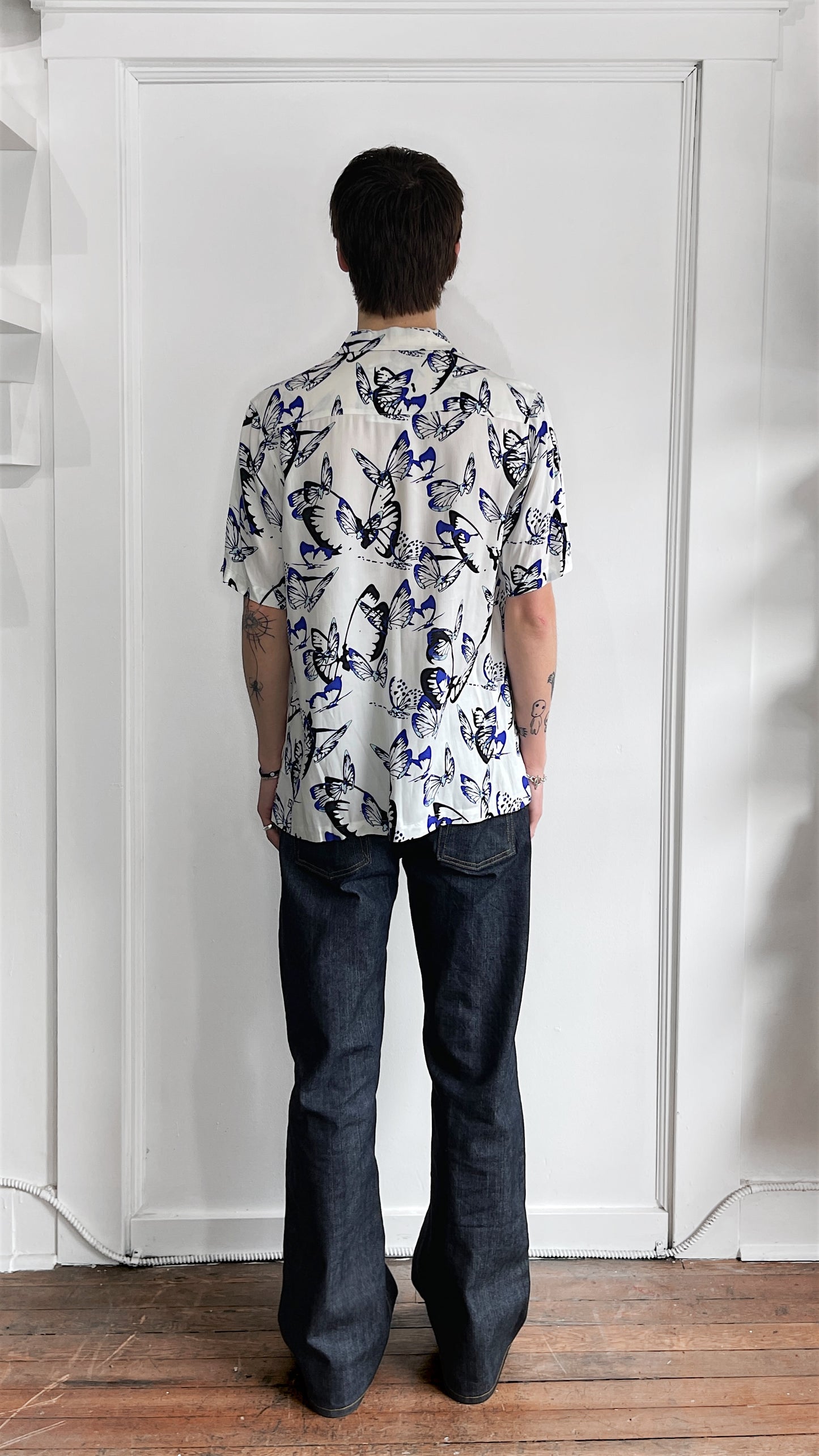 Ksubi White & Blue Butterfly Pattern Viscose Camp Shirt Medium