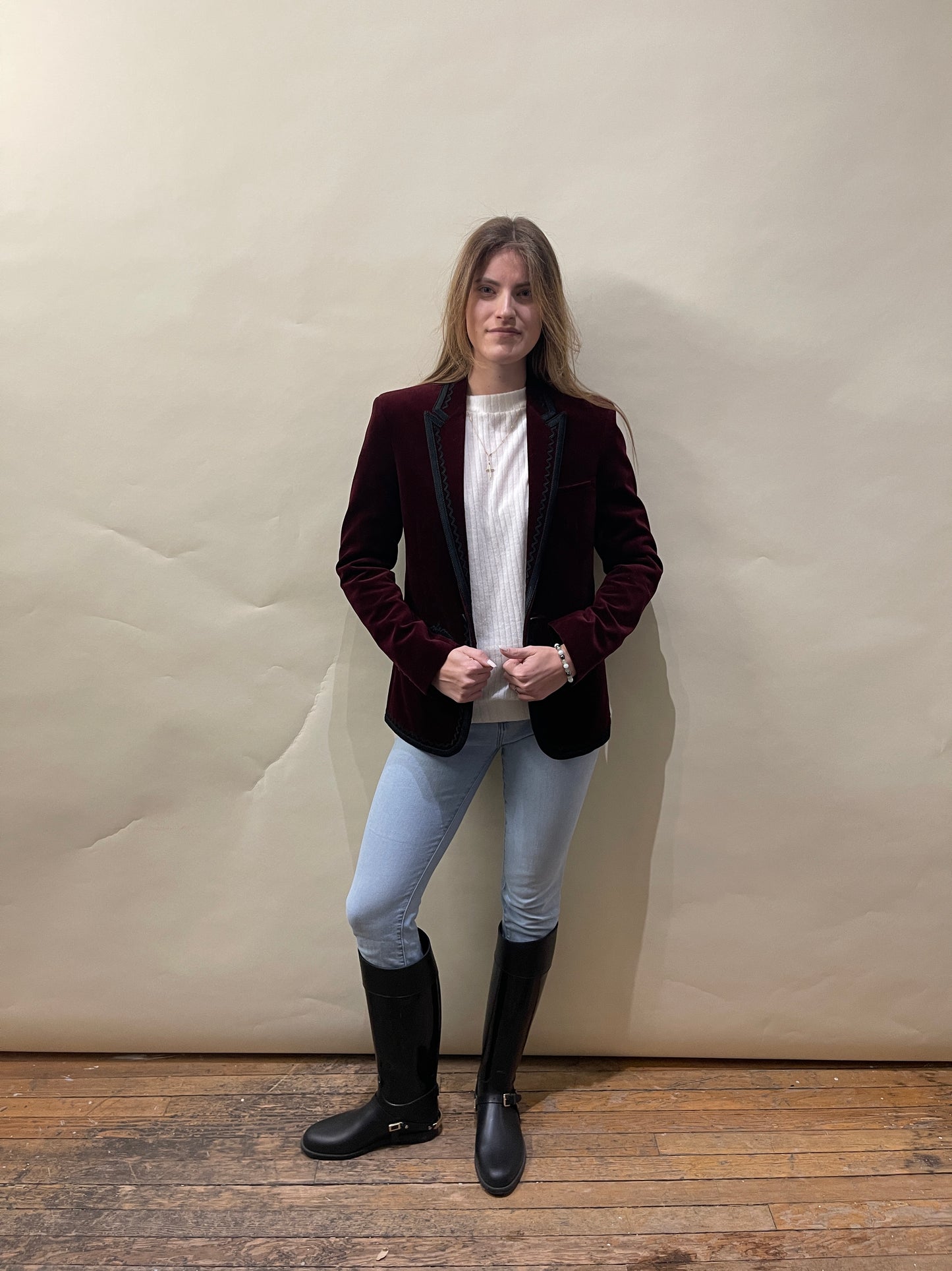 Saint Laurent Burgundy Velvet Embroidered Blazer 44