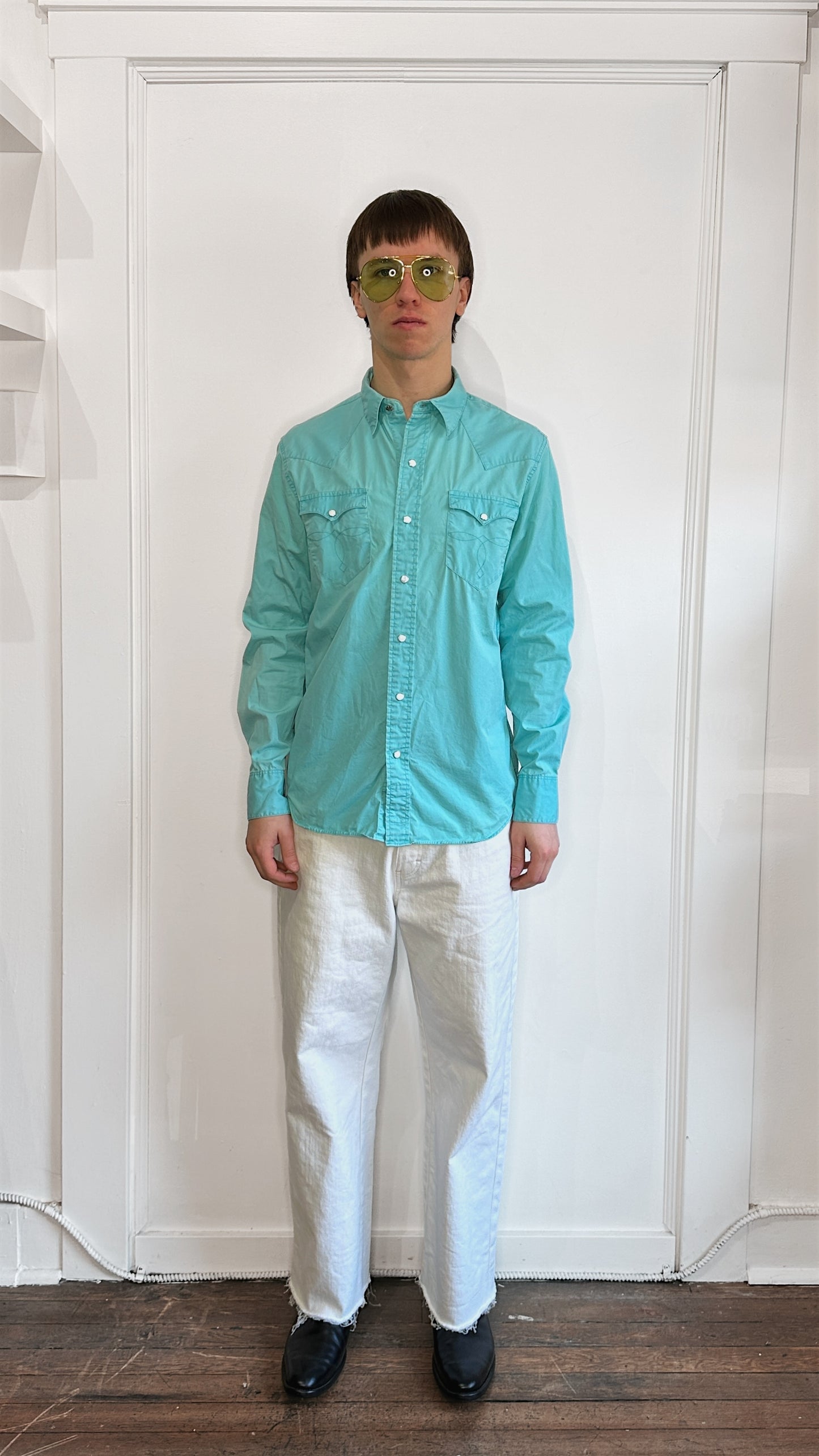 RRL Teal Cotton Pearl Snap Western Shirt Medium