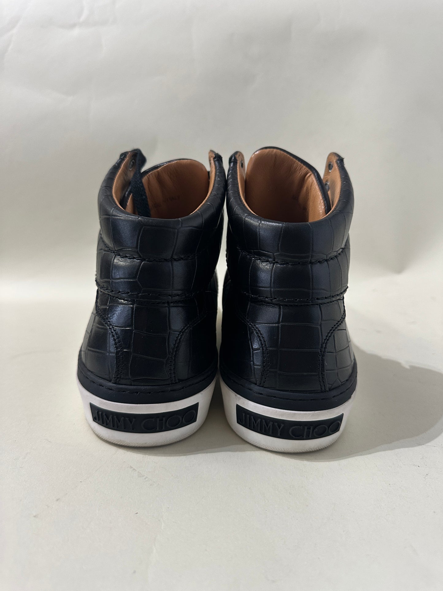 Jimmy Choo Black Croc Embossed Leather High Top Sneakers 8 M / 9.5 W