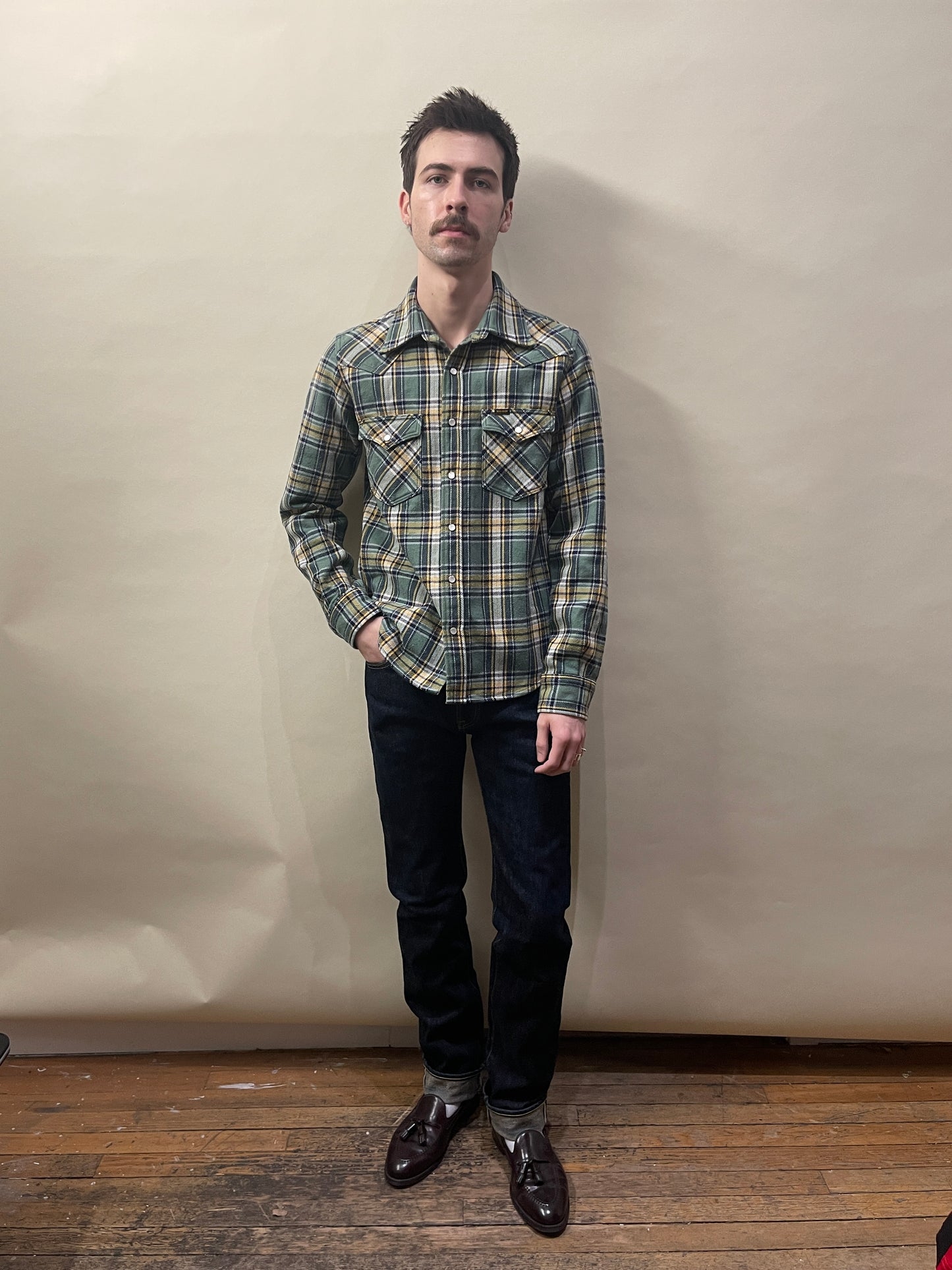 Iron Heart Green, Yellow, & Navy Plaid Heavy Western Flannel Large - L