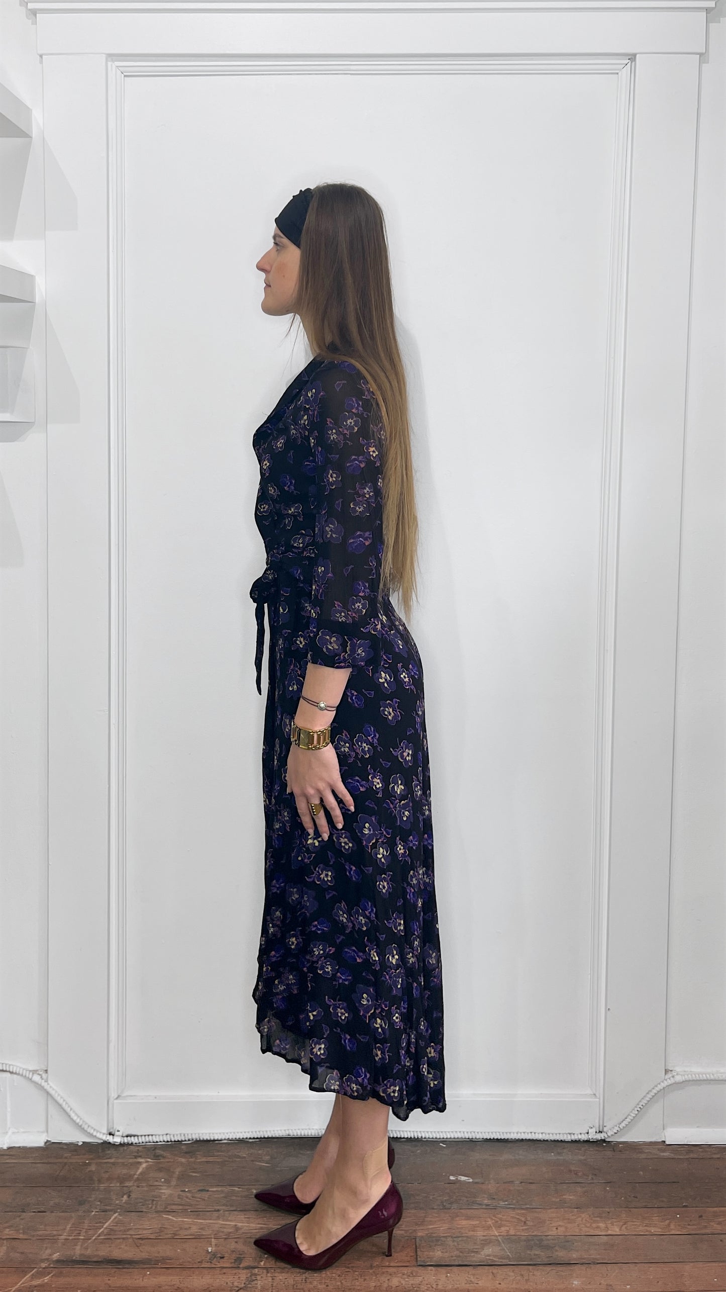 Ganni Black & Purple Floral Pattern Mesh Tie Front Dress 36