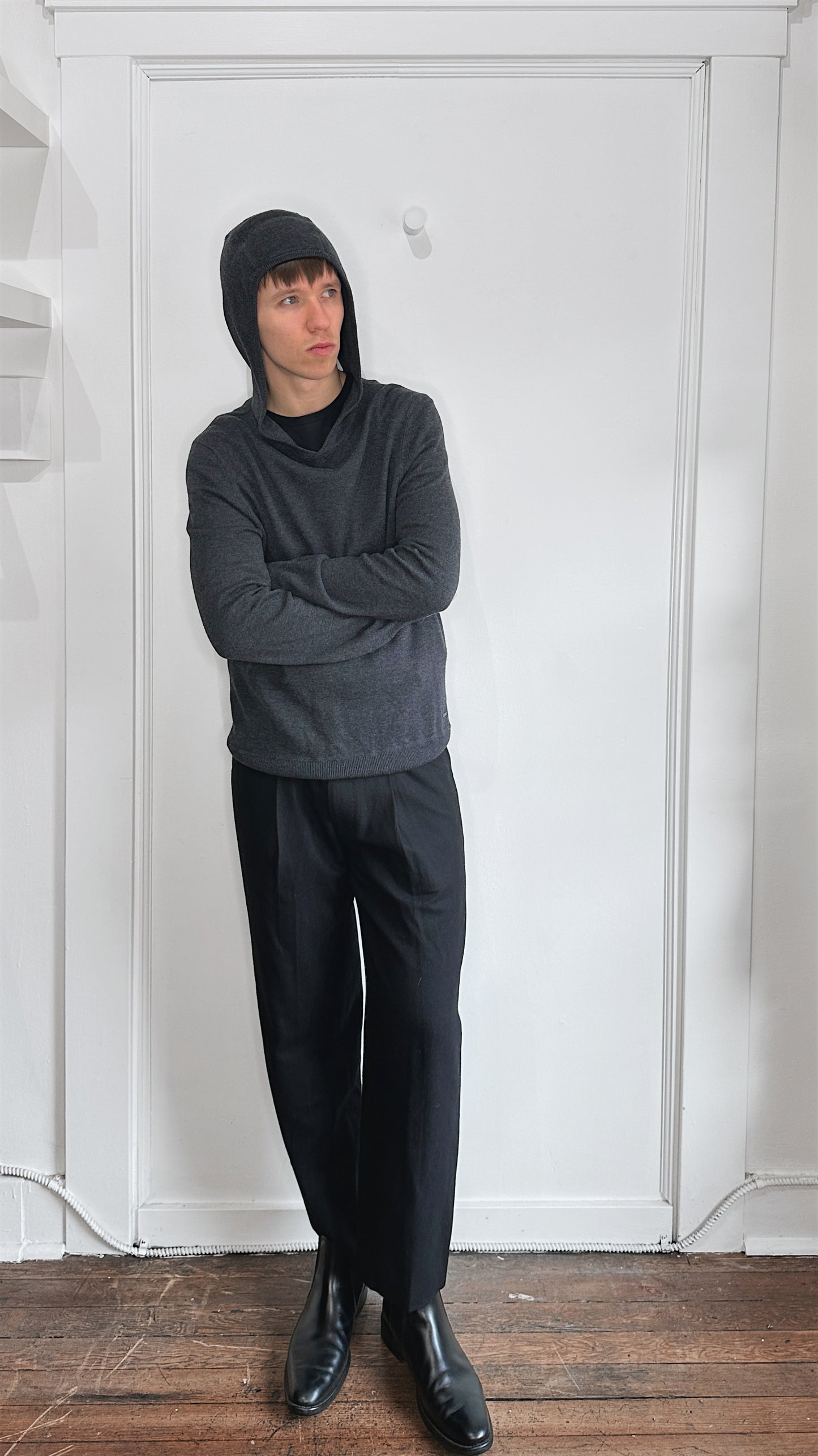 Hugo Boss Dark Grey Wool Blend Knit Hoodie Large