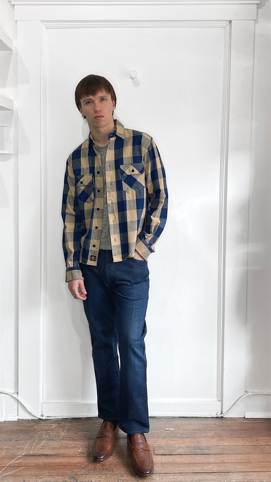 Indigofera Tan & Blue Buffalo Check Flannel Shirt Small