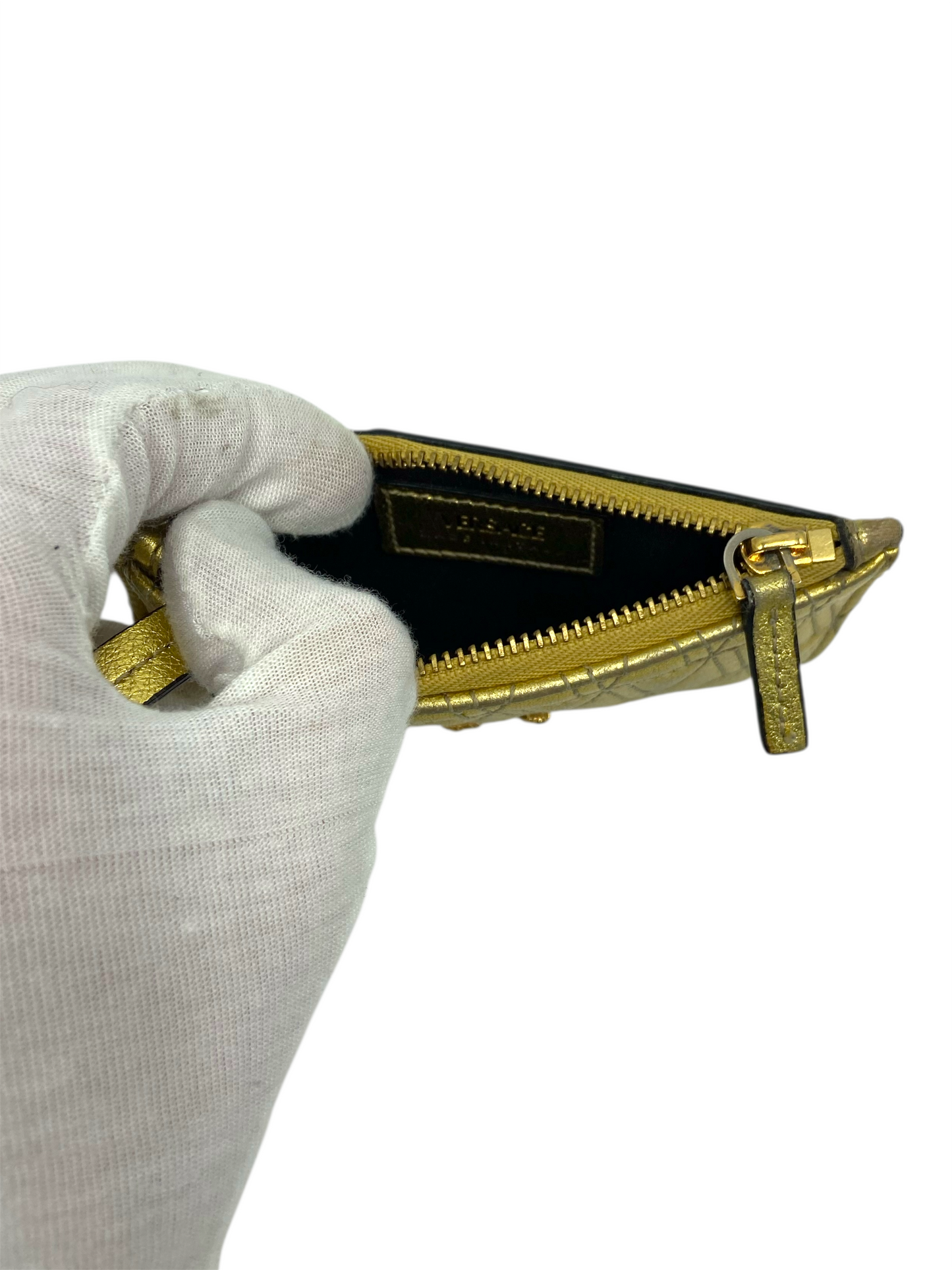 Versace Gold Metallic Quilted V Pattern Leather Zip Card Holder