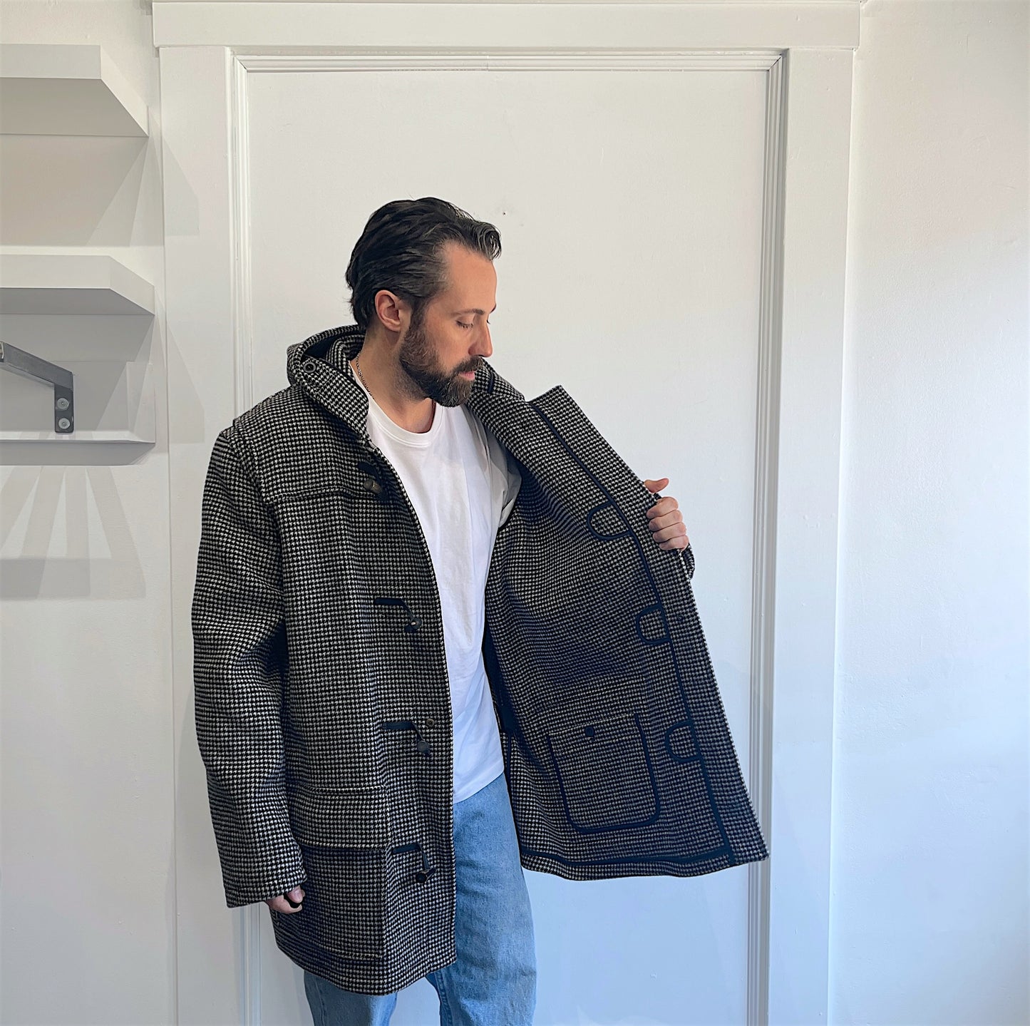 Gloverall x OVO Black & White Houndstooth Wool Blend Unlined Toggle Coat XXXL