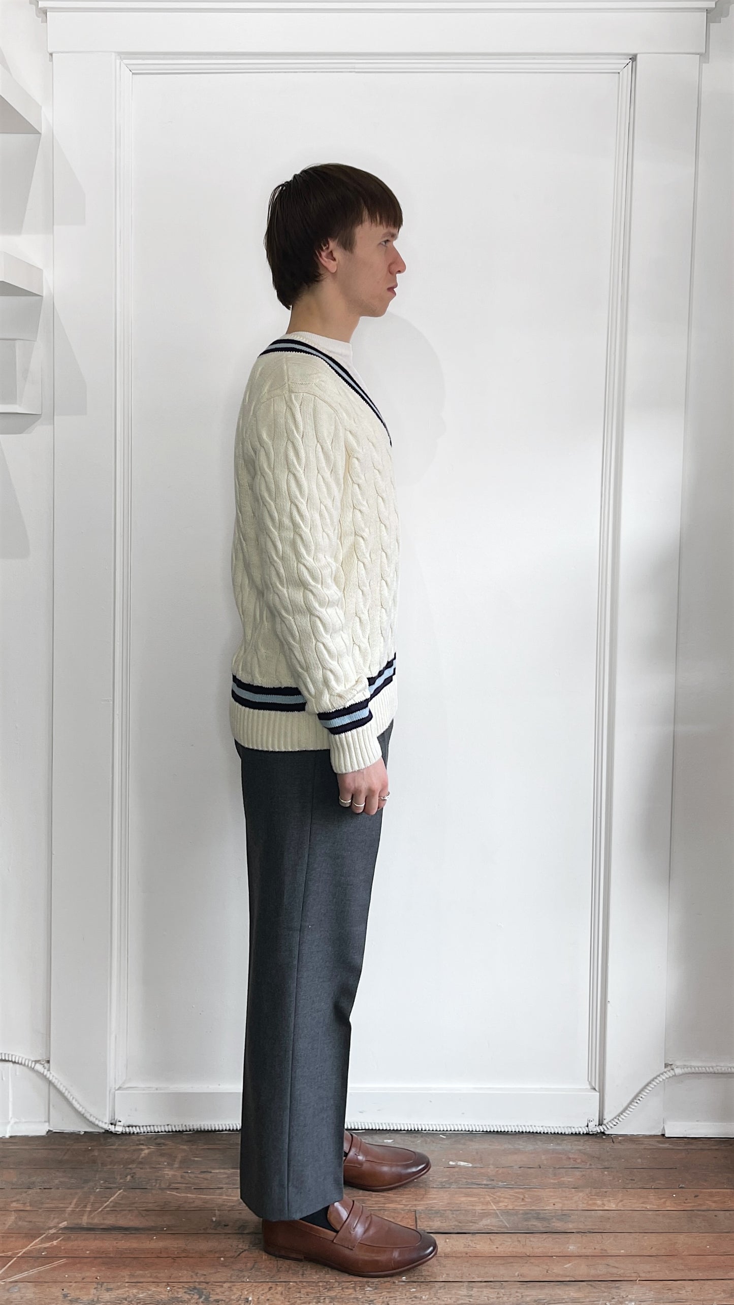 Polo Ralph Lauren Cream & Blue Cotton V-Neck Cricket Sweater Small
