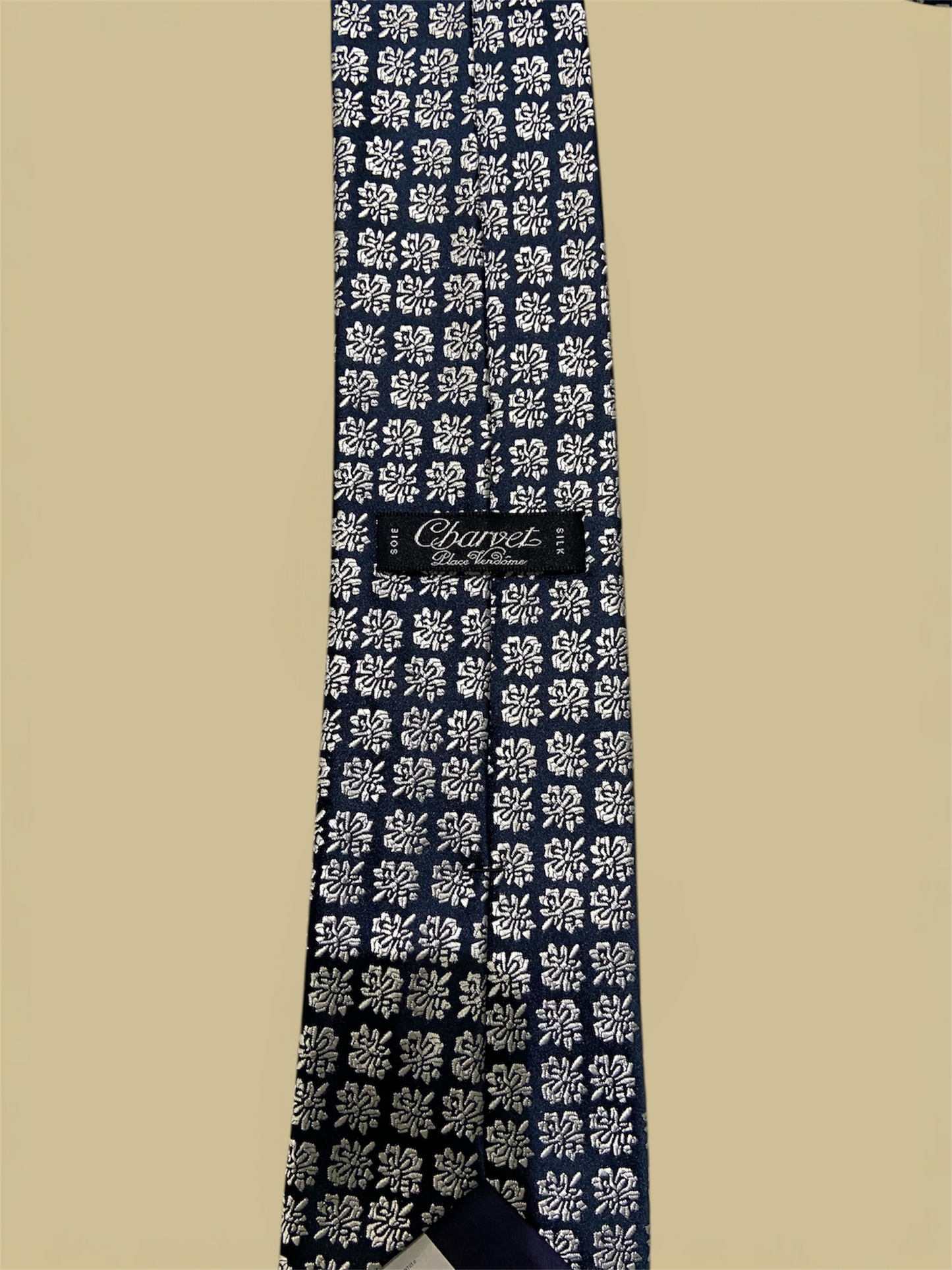 Charvet Navy & White Floral Square Pattern Silk Tie