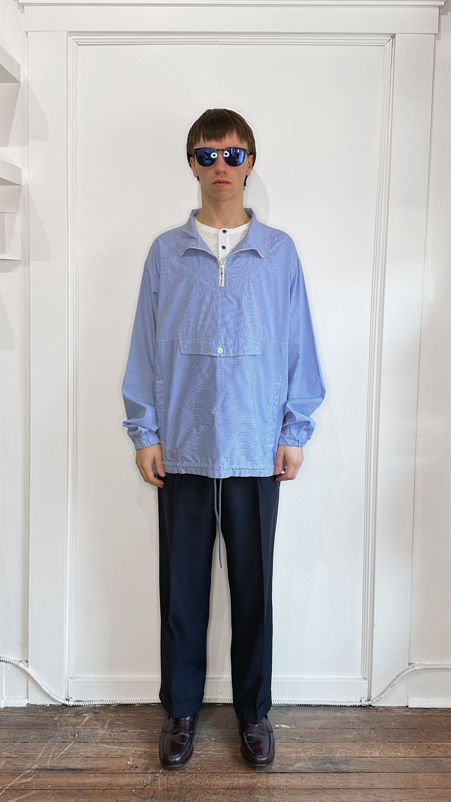 Nanamica Blue Striped 1/4 Zip Popover Dress Shirt Extra Large