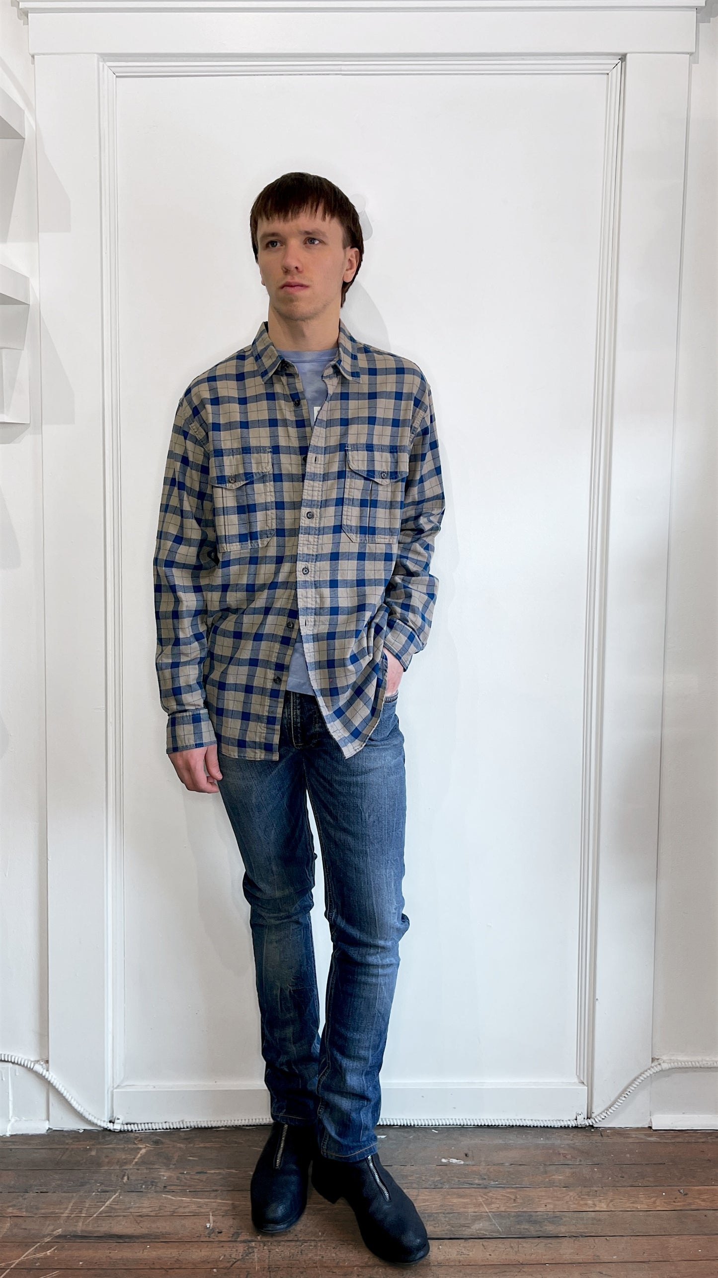 Filson Blue & Beige Plaid Flannel Work Shirt Medium