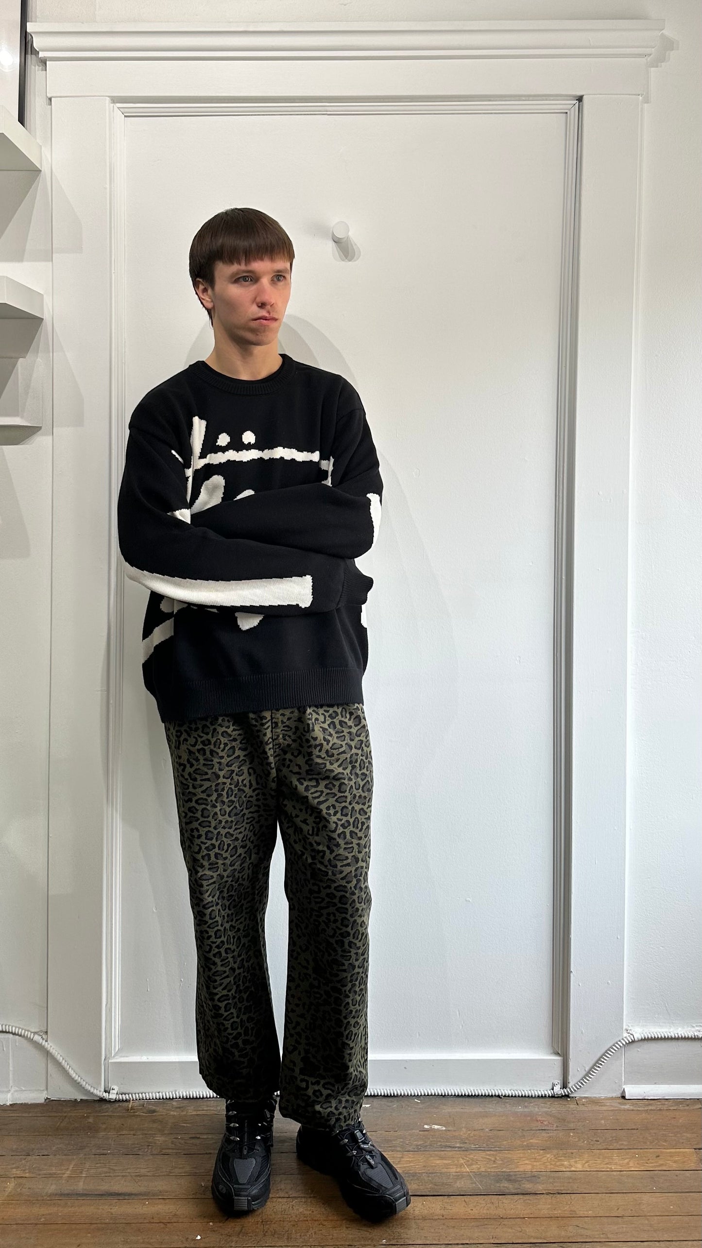 Stussy Black & White Giant Logo Knit Crewneck Sweater Extra Large - XL
