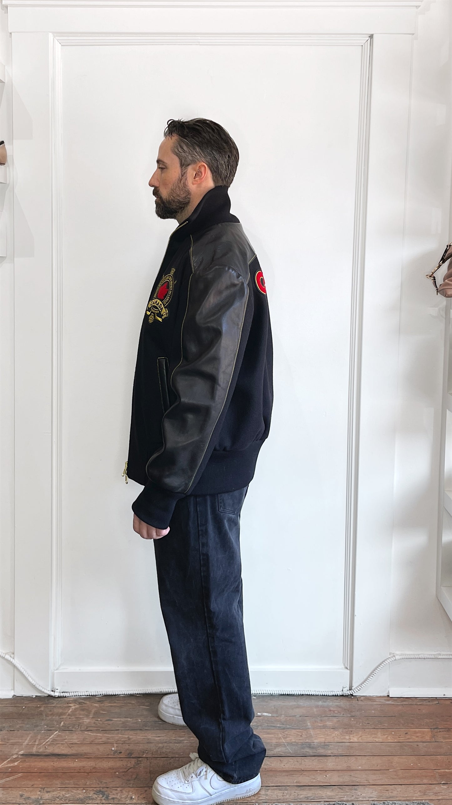 Roots Black & Gold Wool & Leather Canada Hockey Bomber Jacket Extra Large