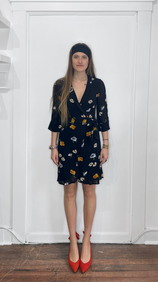 Ganni Black & Multicolour Floral Pattern Midi Tie Front Dress 36