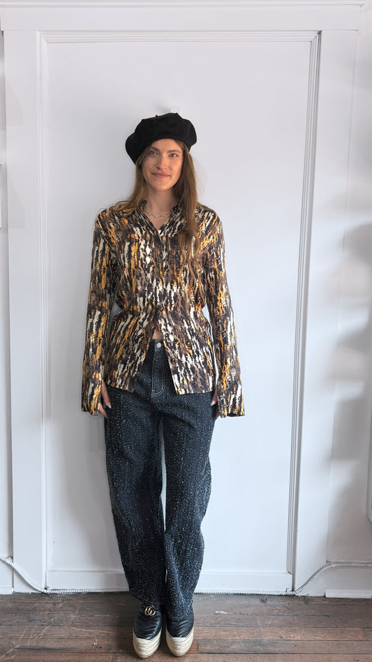 Nanushka Brown & Orange Cupro Blend Oava Watercolour Shirt Large