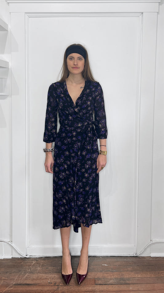 Ganni Black & Purple Floral Pattern Mesh Tie Front Dress 36
