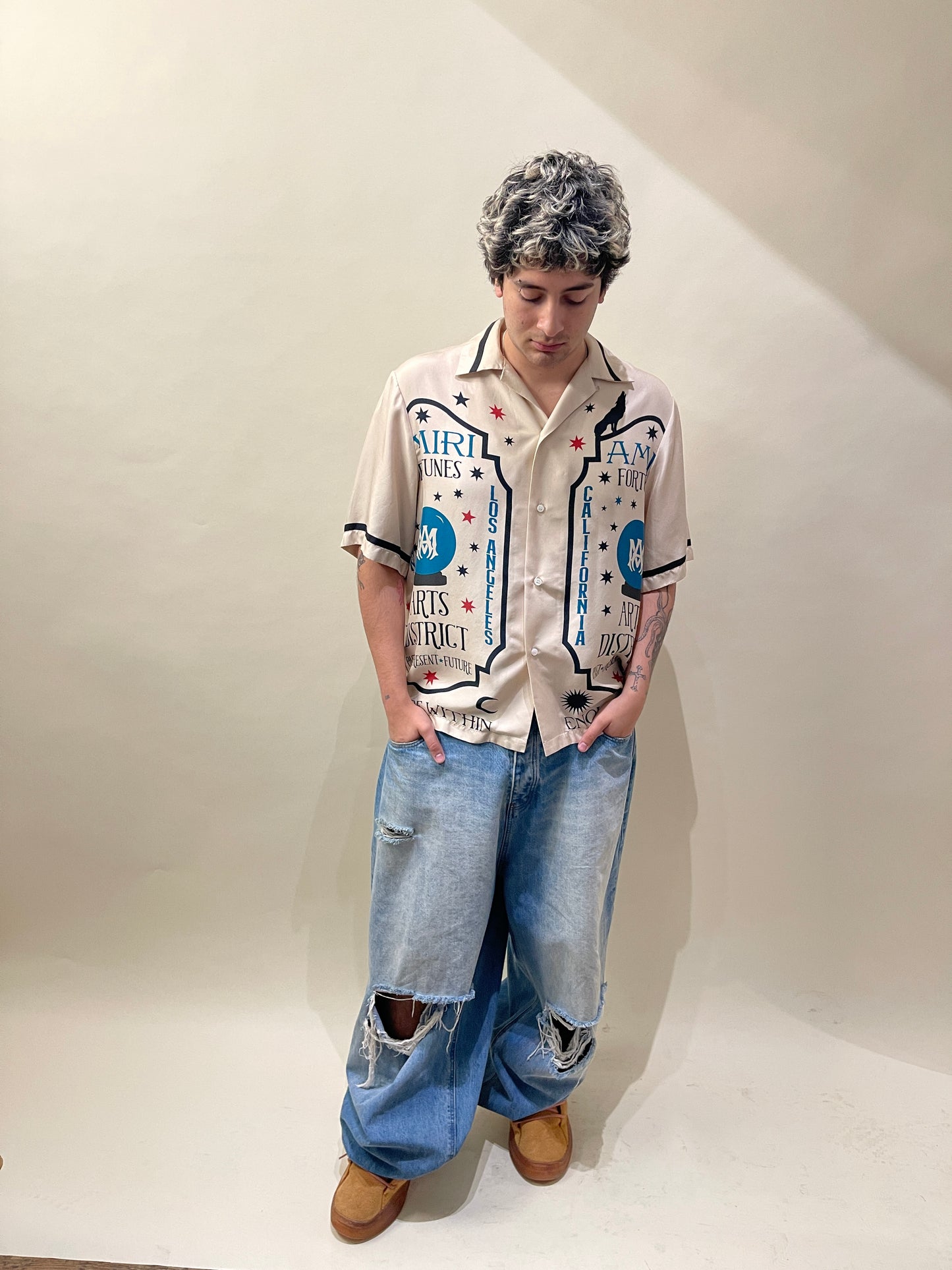 Amiri Cream Silk Fortune Graphic Bowling Shirt XXL