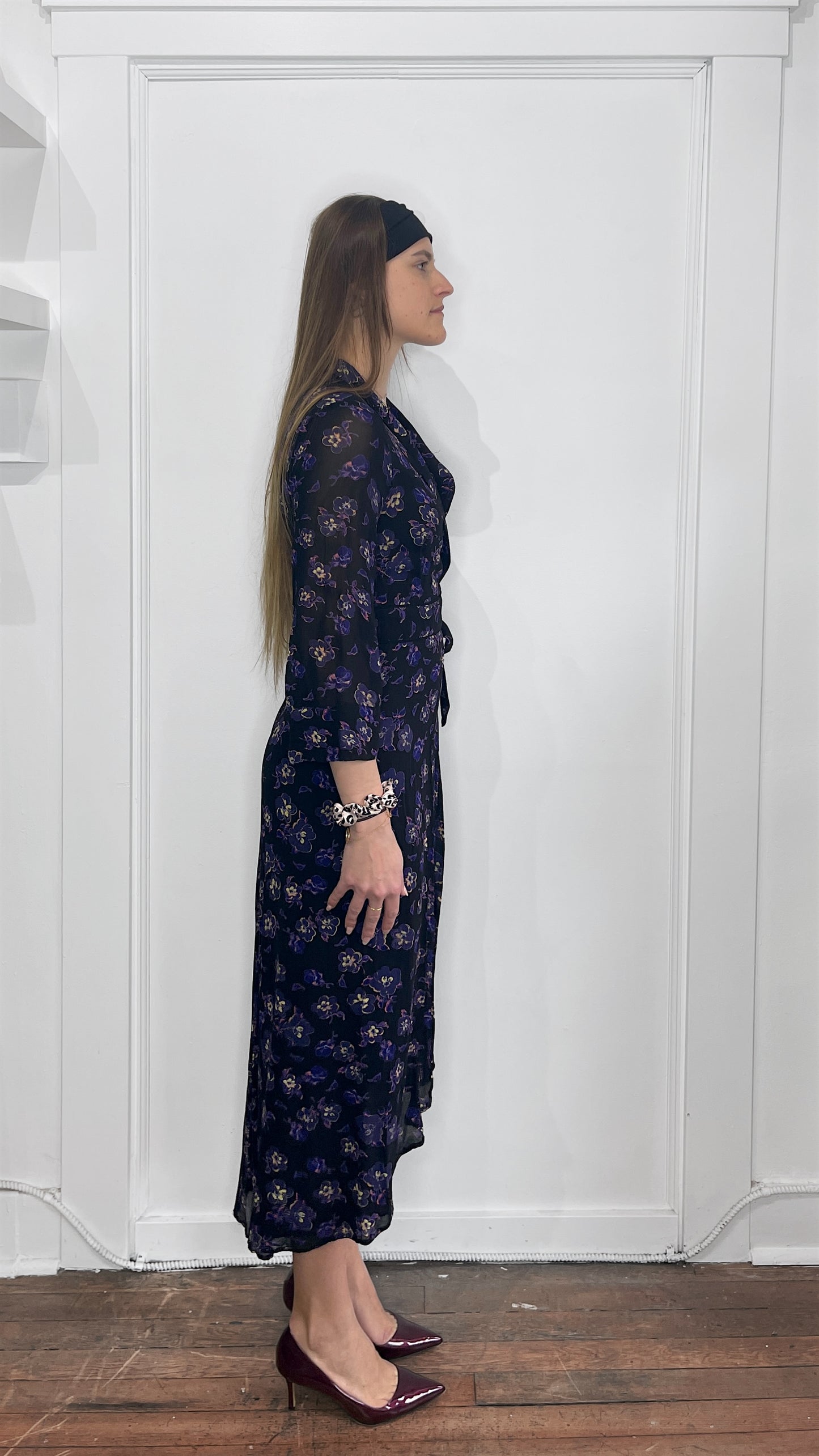 Ganni Black & Purple Floral Pattern Mesh Tie Front Dress 36