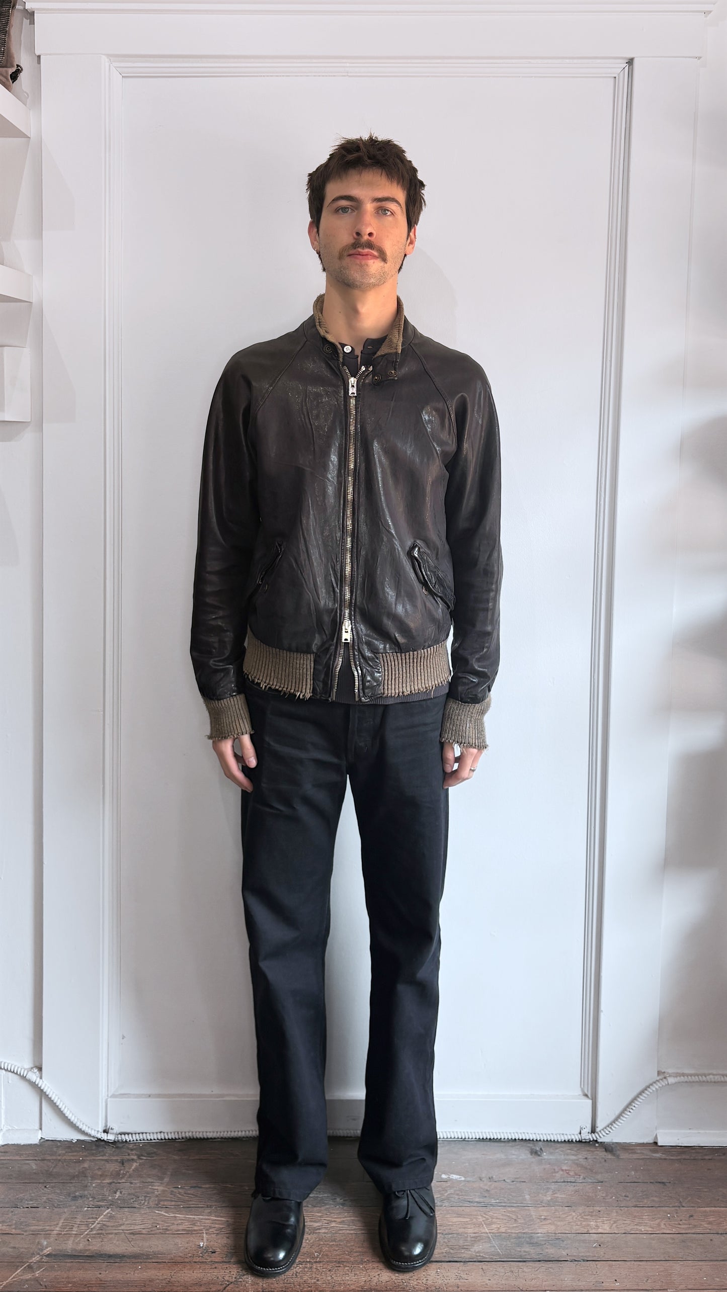 Giorgio Brato Black Leather Distressed Bomber Jacket 44