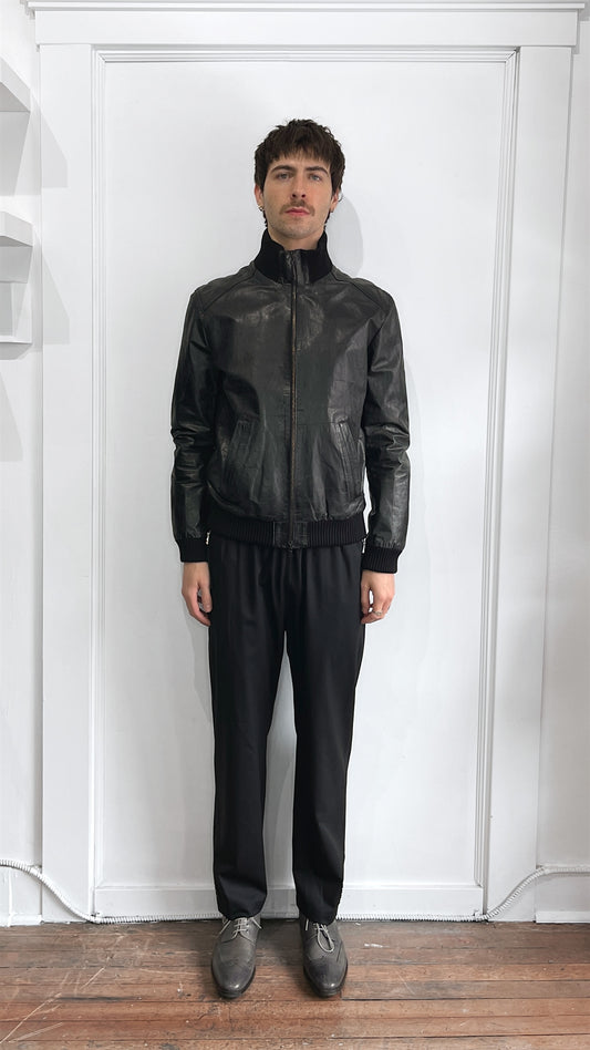 M0851 Black Leather Bomber Jacket Extra Small
