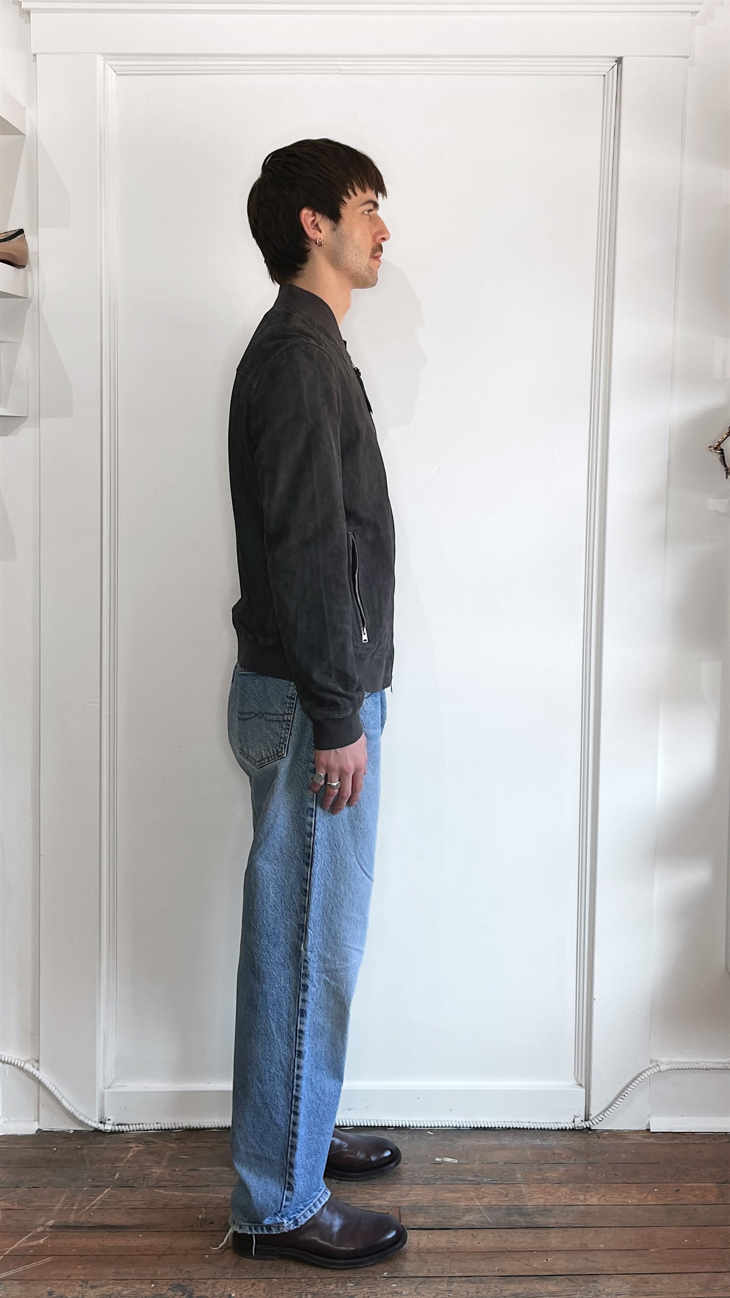 All Saints Grey Suede Kemble Bomber Jacket Large