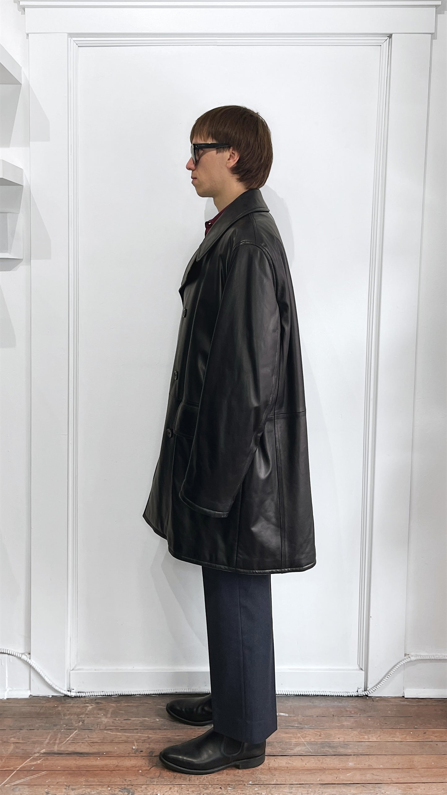 Armani Collezioni Black Lambskin Double Breasted Overcoat 46