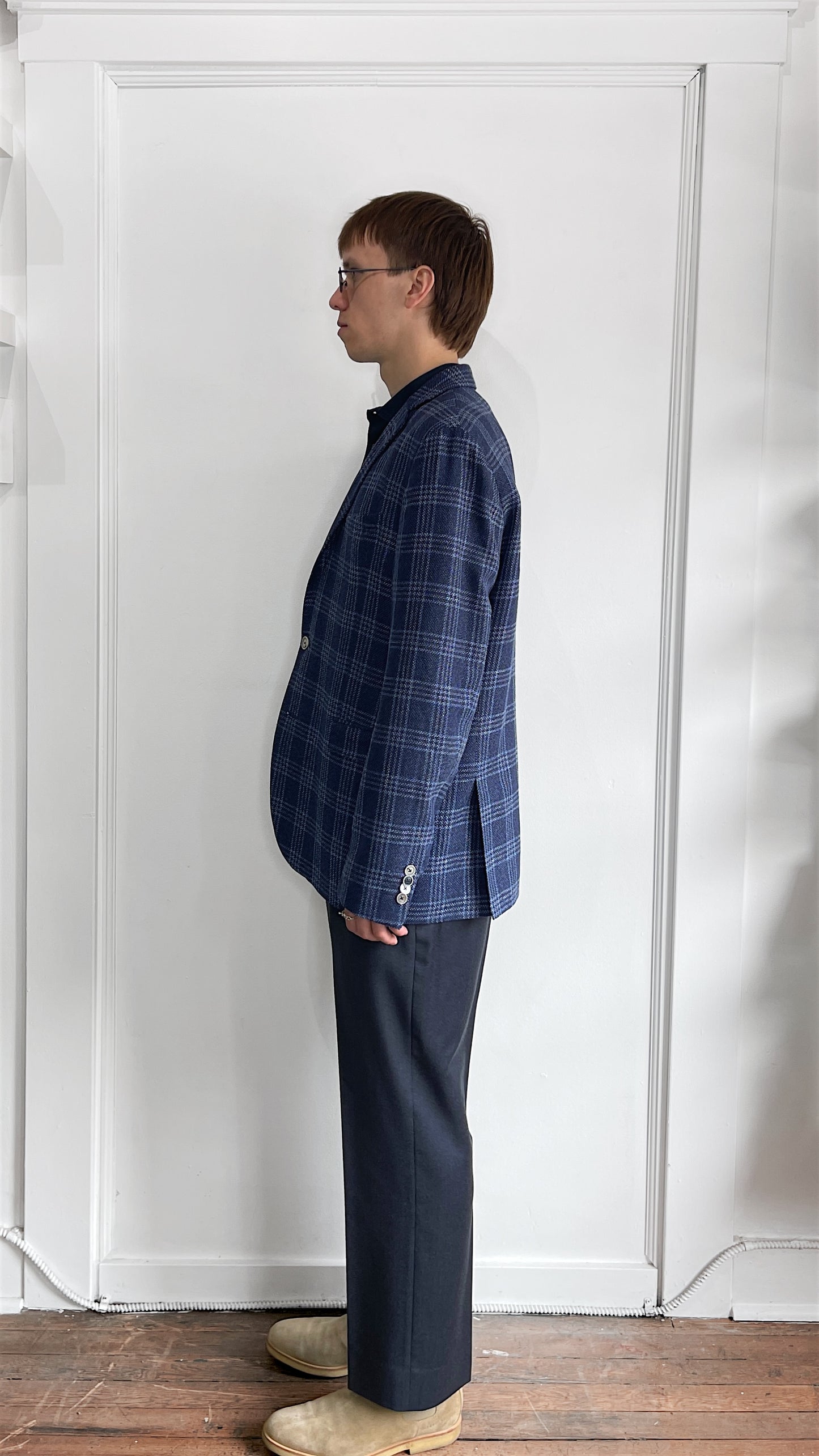 Sand Copenhagen Navy & Light Blue Glen Check Wool Linen Sport Coat 44