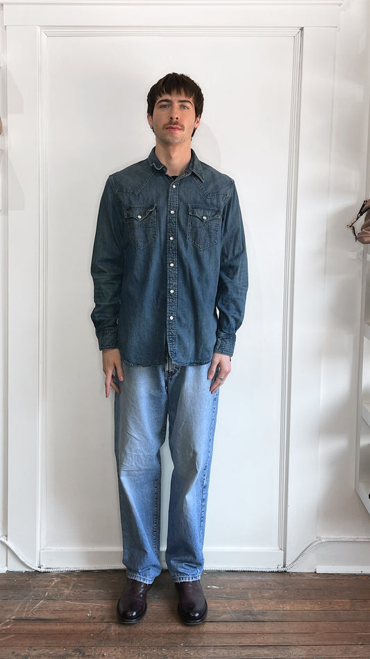 RRL Mid Blue Denim Western Snap Shirt Large