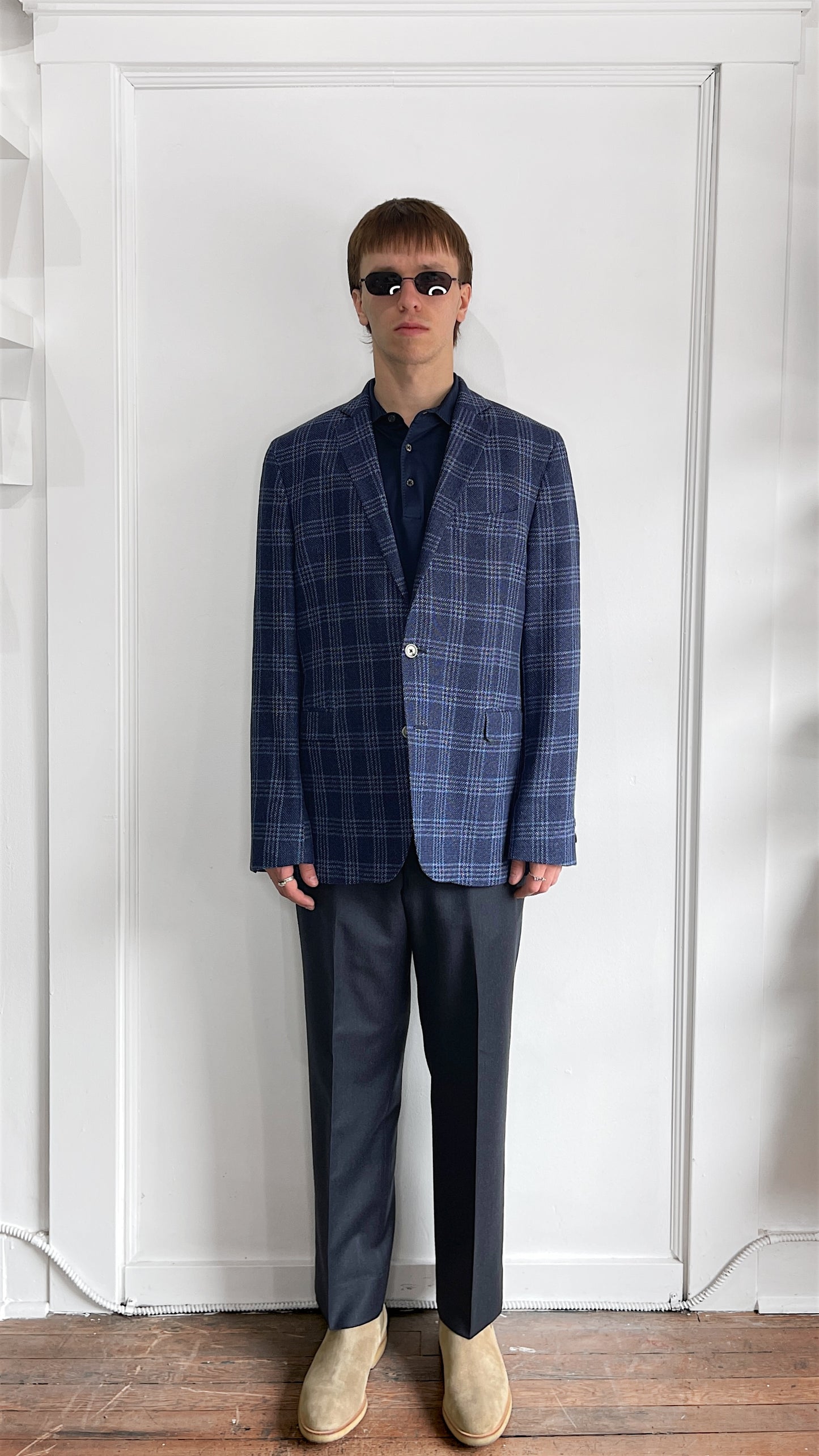 Sand Copenhagen Navy & Light Blue Glen Check Wool Linen Sport Coat 44
