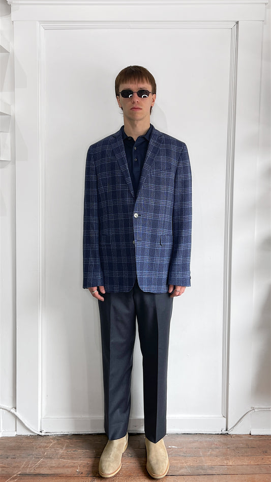Sand Copenhagen Navy & Light Blue Glen Check Wool Linen Sport Coat 44