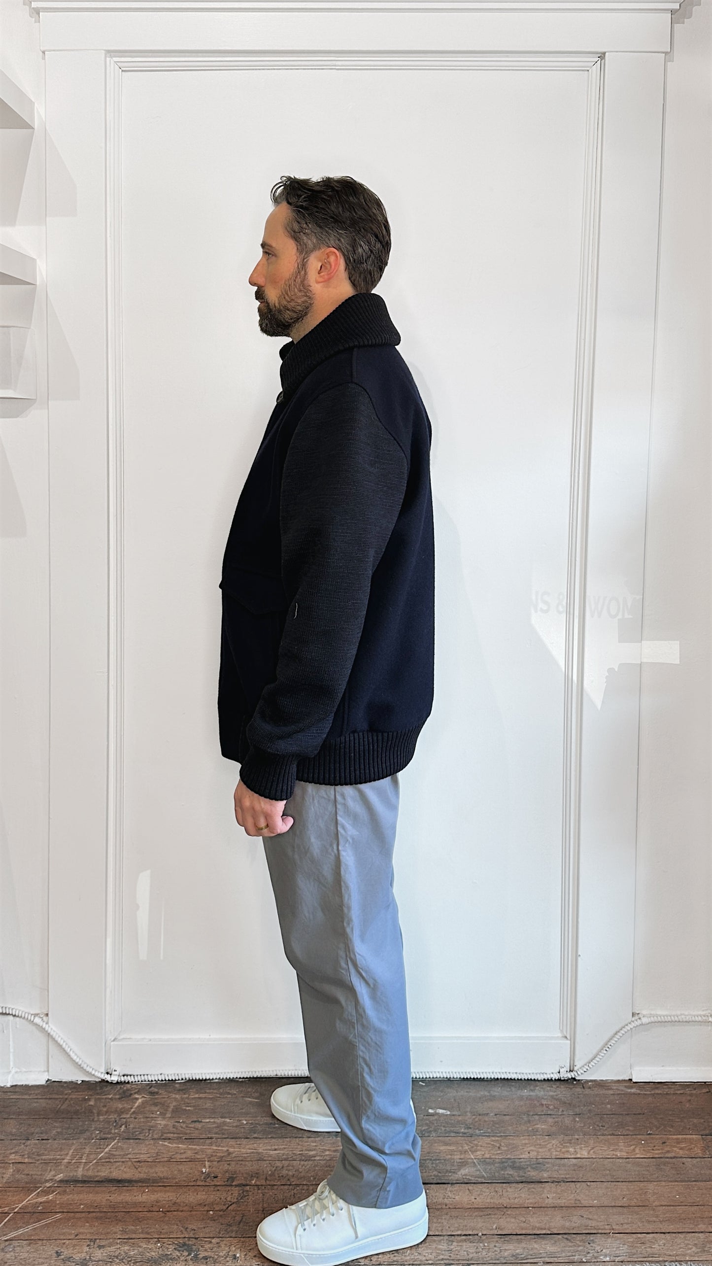 Wings + Horns Multi Navy Wool Knit Sleeve Bomber Jacket Extra Large