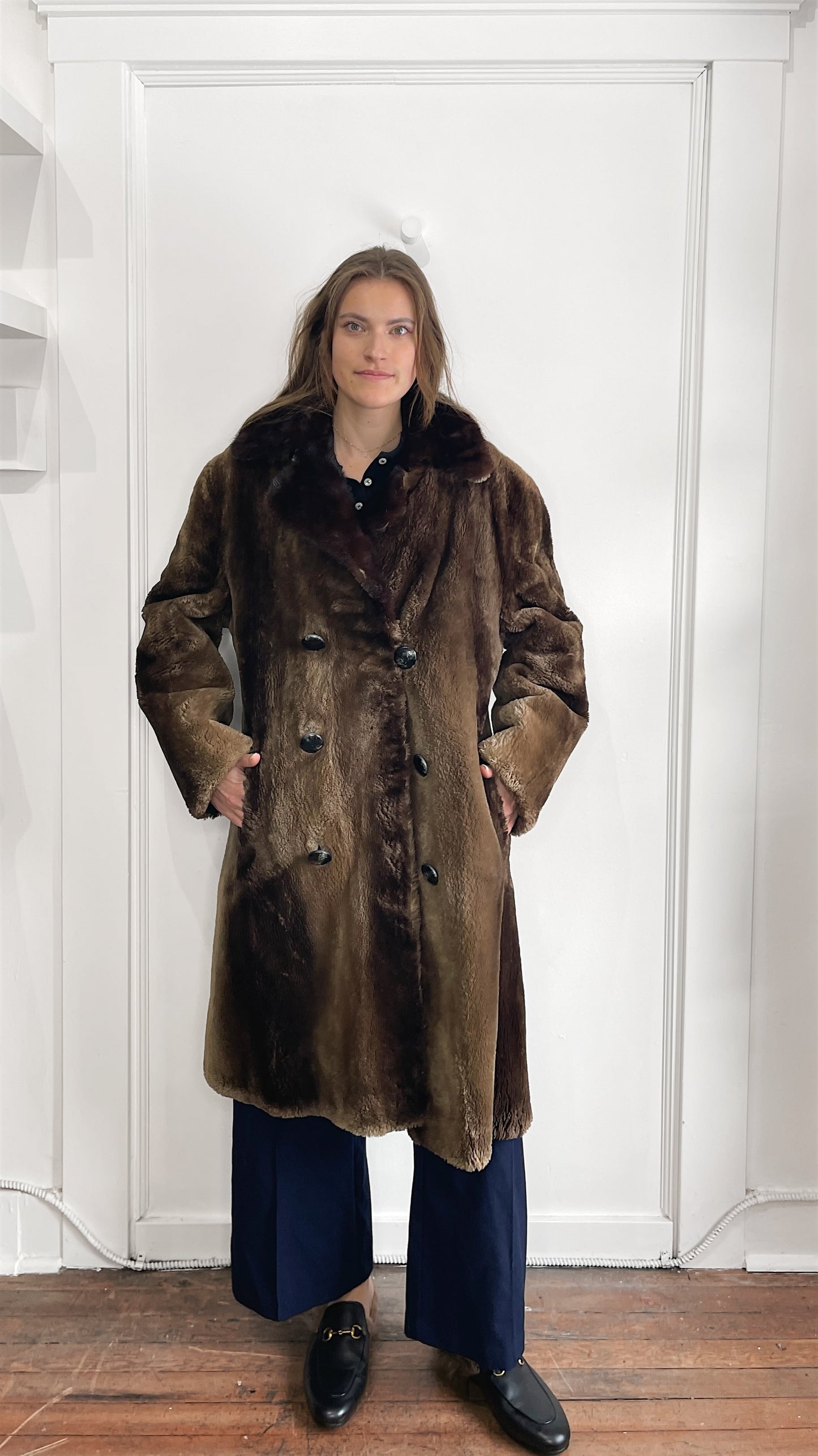 Steen & Wright Brown Beaver Fur Overcoat Large