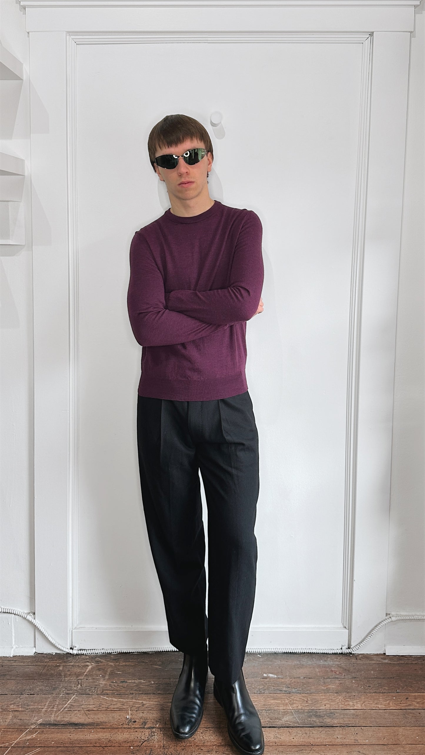 Canali Purple Merino Wool Knit Crewneck Sweater Small