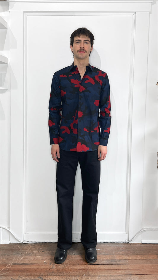 Valentino Navy & Red Camo Cotton LS Button Up Shirt 15.5