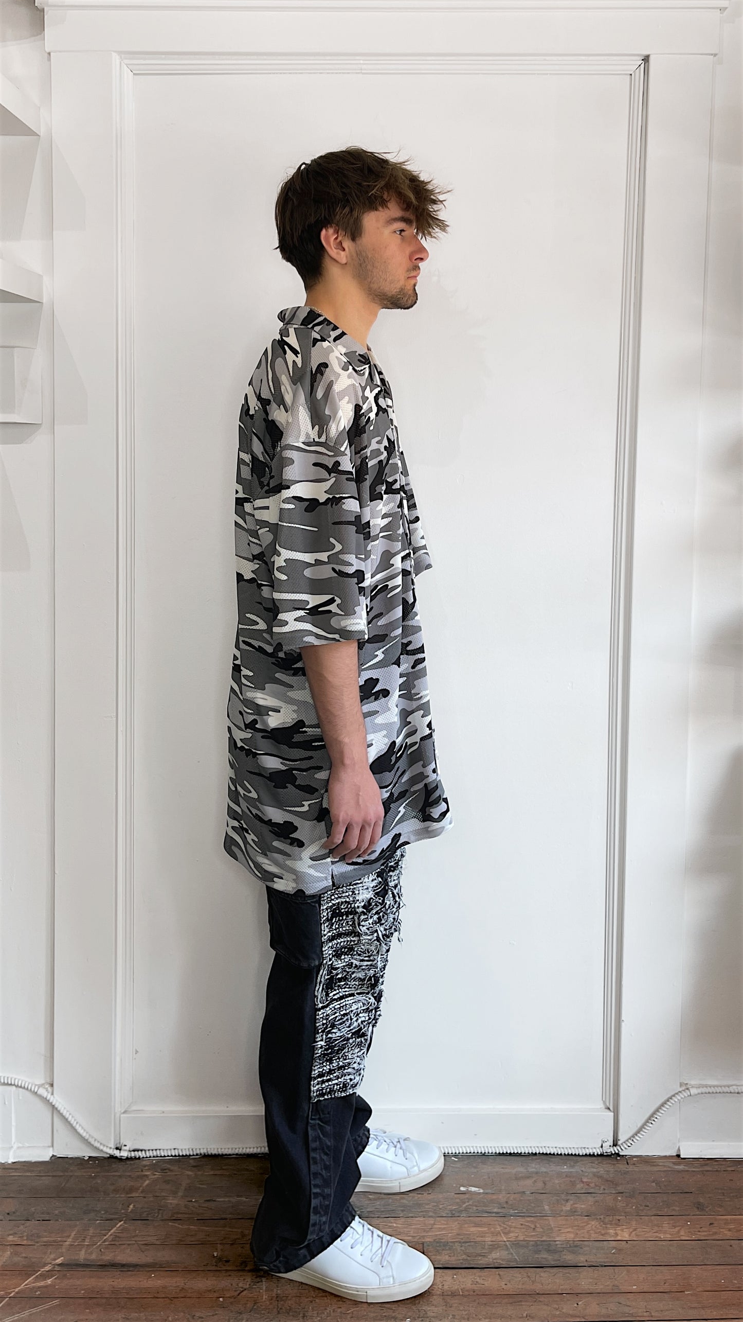 Balenciaga Snow Camo Mesh Camp Collar SS Button Up Shirt 40