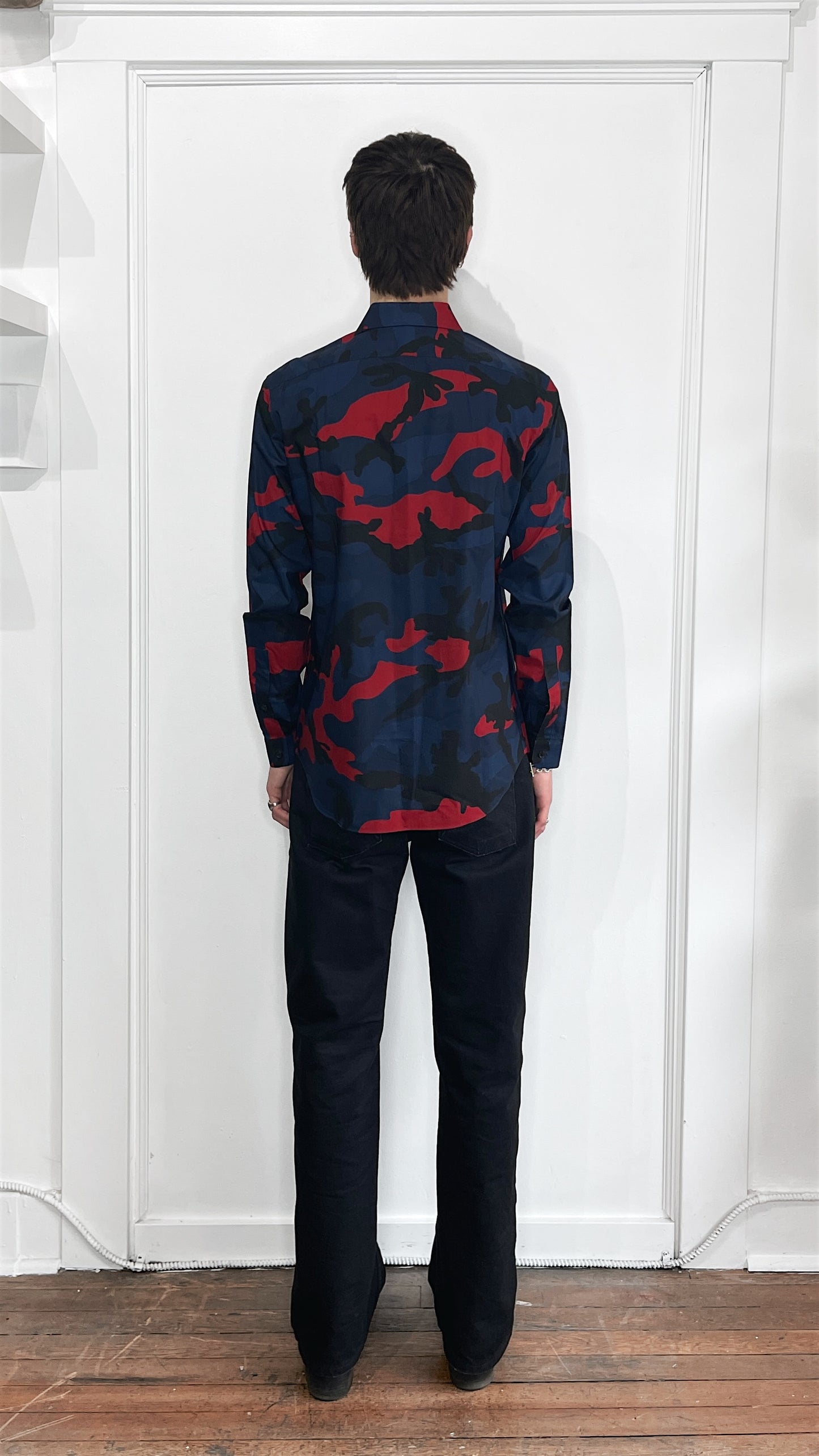 Valentino Navy & Red Camo Cotton LS Button Up Shirt 15.5