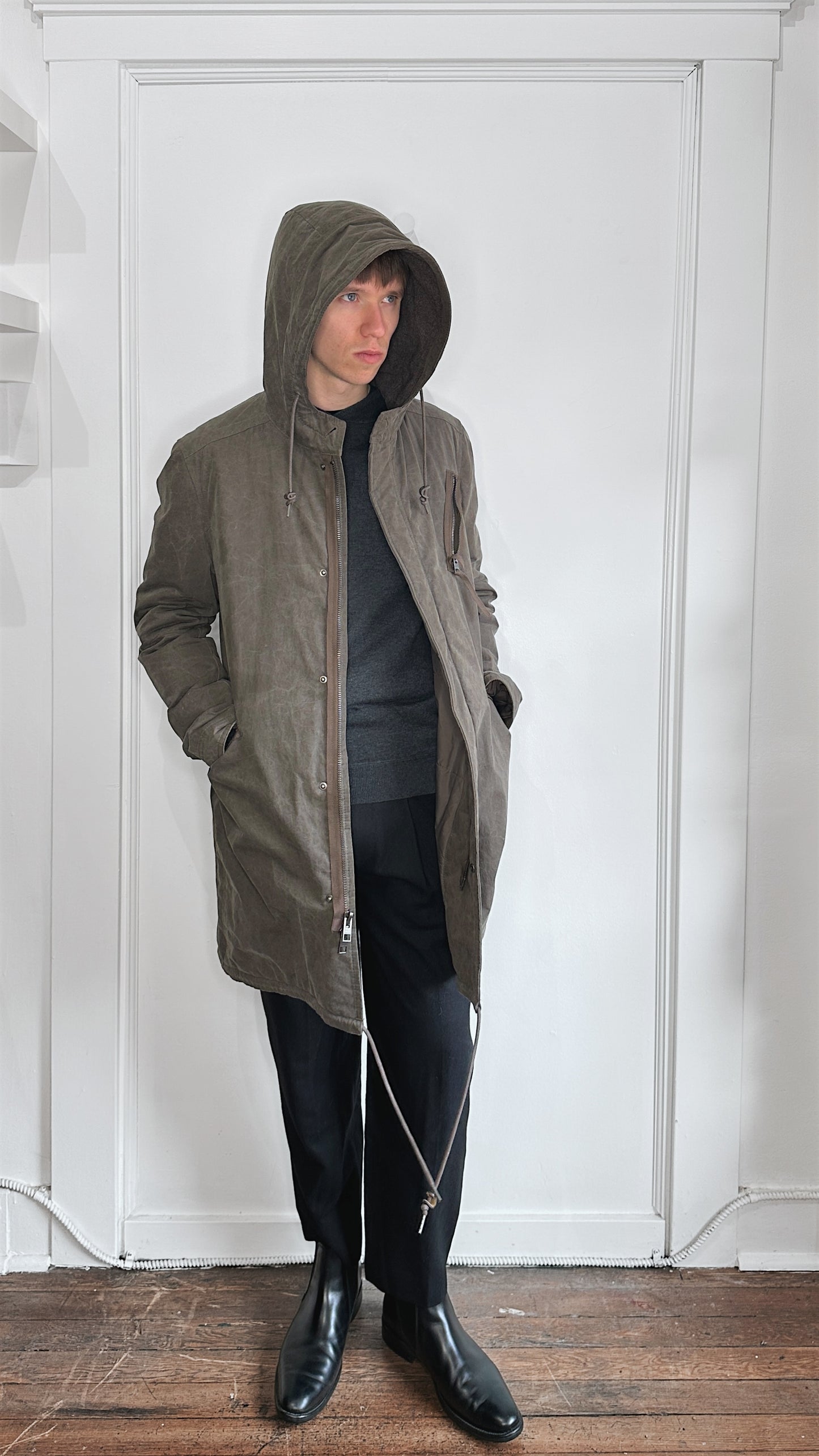 All Saints Brown Faded Quilted Fishtail Parka Large