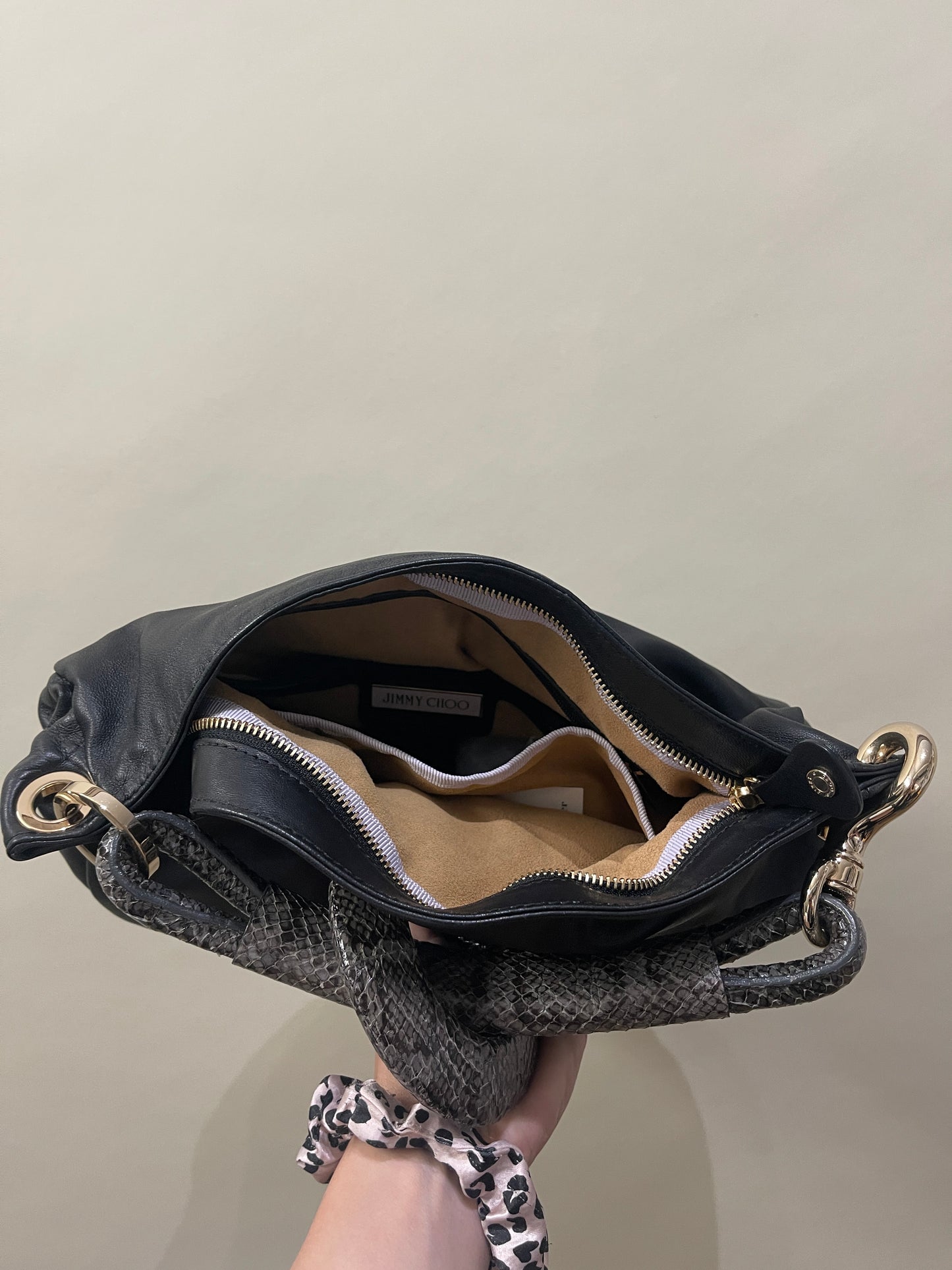 Jimmy Choo Black Leather Snakeskin Trim Sky Hobo Bag