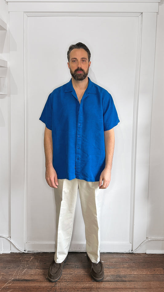Milano Bay Blue Tonal Floral Pattern Camp Shirt Extra Large